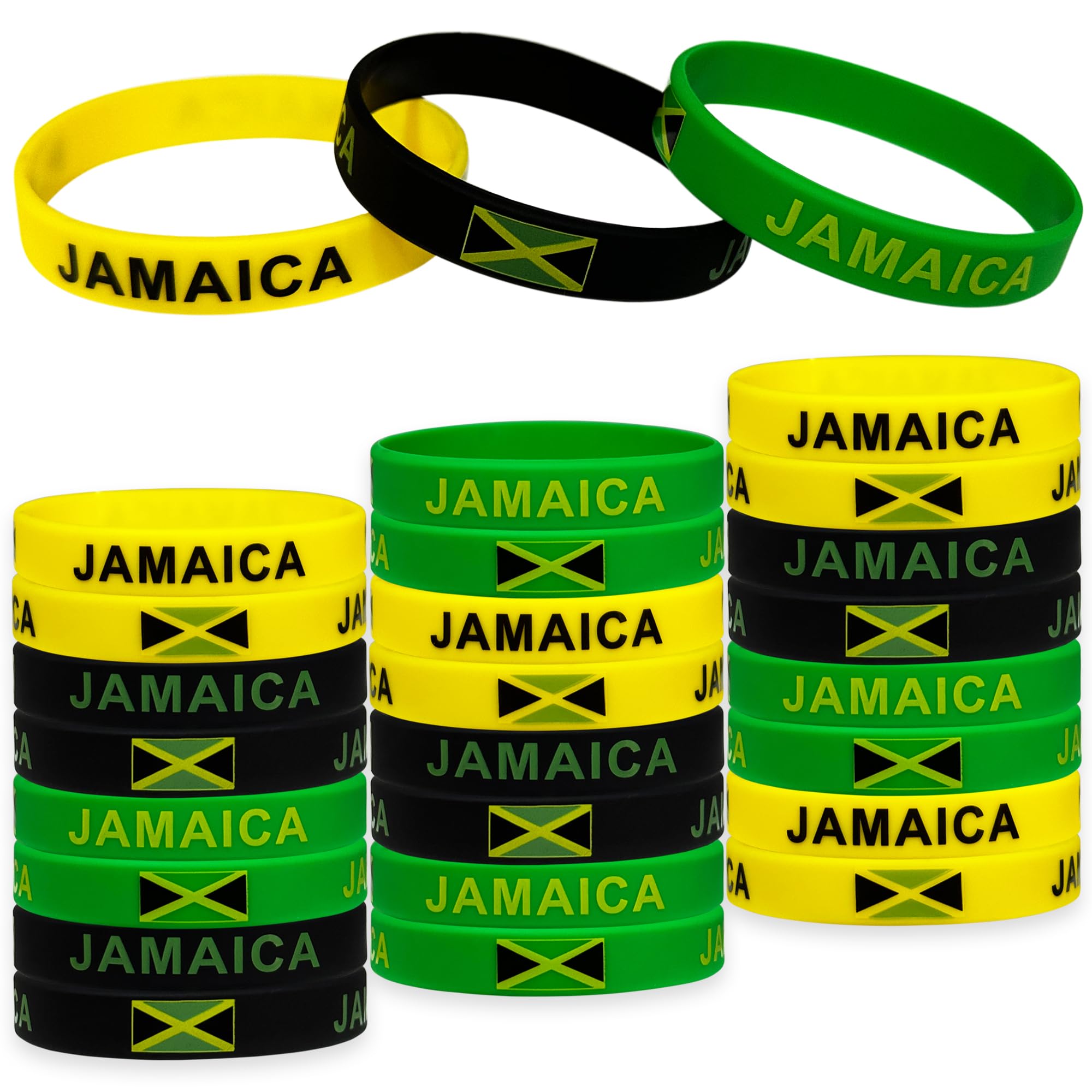 FSHANEE 24Pcs Jamaican Rubber Bracelets Jamaica Independence Day Party Favors Jamaican Flag Themed Party Supplies Silicone Wristbands Party Gift Bag Fillers Goodie Bag Stuff