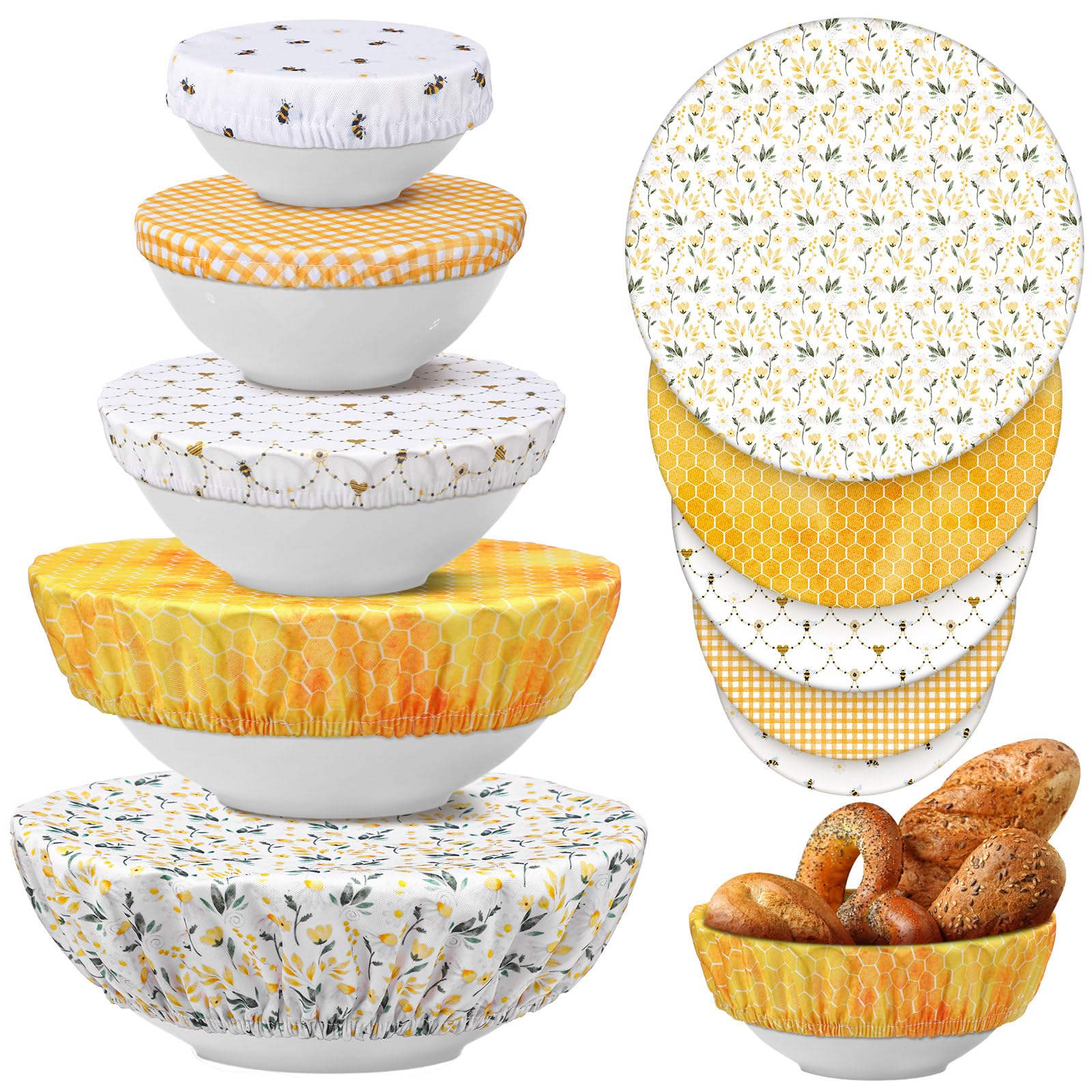 Patelai 10 Pcs Bowl Covers Reusable in 5 Size Fabric Stretch Dish Covers