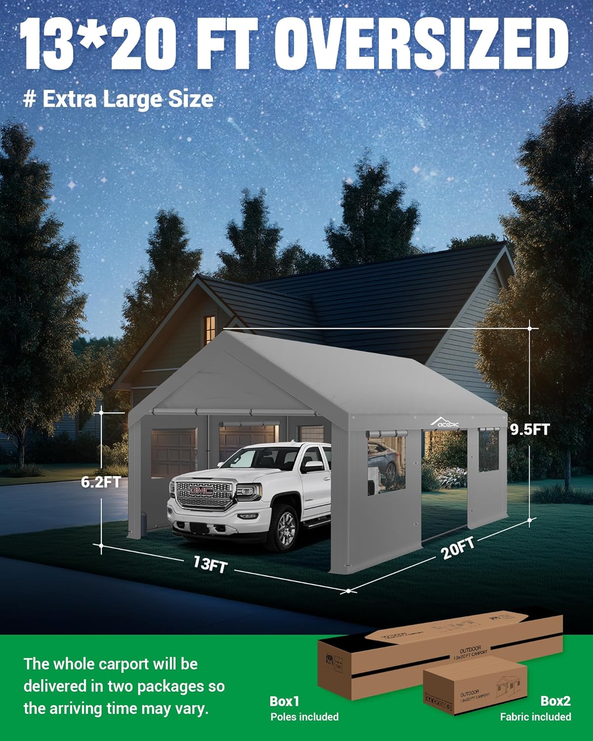 Upgraded 13x20ft Heavy Duty Carport,Features Roll-up Windows & Doors, Portable Garage with UV Resistant Waterproof All-Season Tarp for Car, Truck, Boat - Image 3