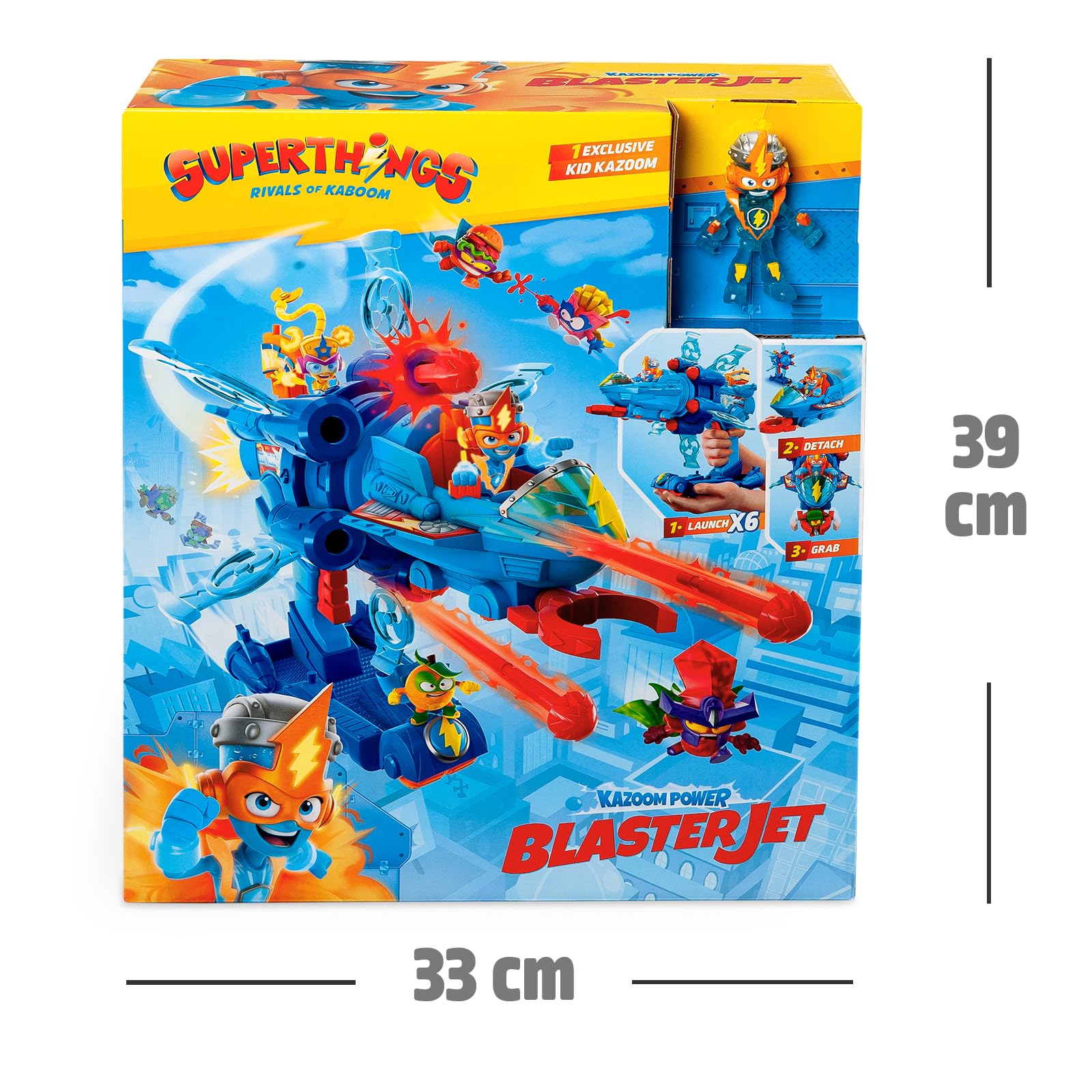 SUPERTHINGS KAZOOM Power – Vehículo Multi-acción de la Serie de TV ''Kazoom Power'', Contiene 1 Blaster Jet, 1 Kid Kazoom Exclusivo y 6 Proyectiles