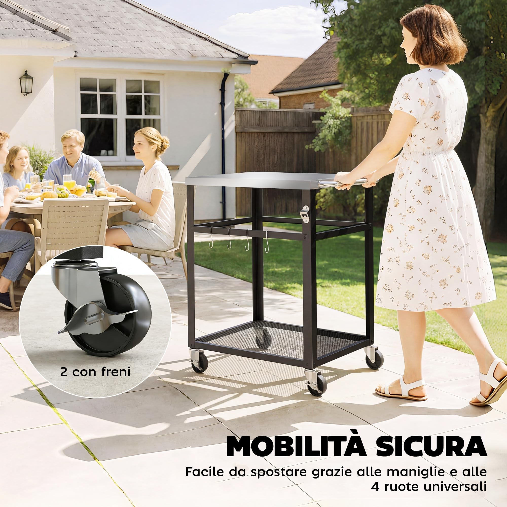 Outsunny Carrello per Barbecue da Esterno, Tavolo Cucina per Forno a Pizza con Piano in Acciaio Inox, 4 Ganci a S, Maniglia, Apribottiglie e Ruote Bloccabili, 82x55x79 cm, Nero