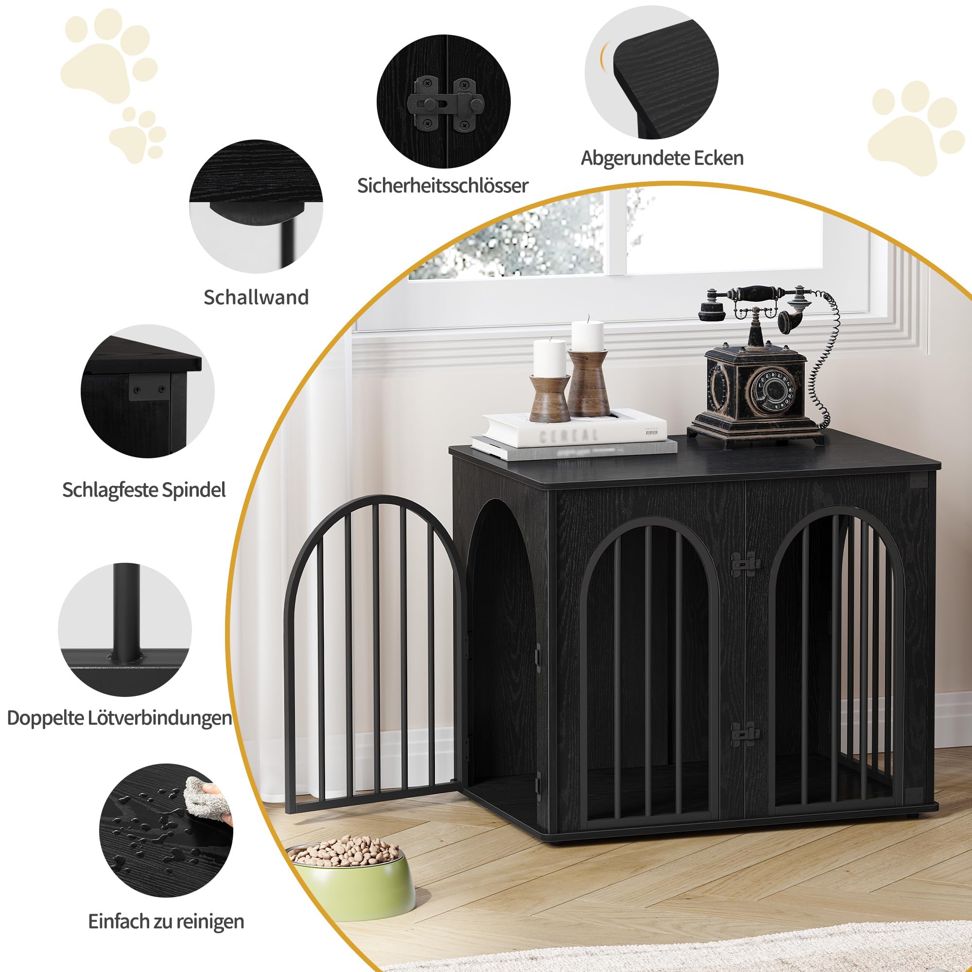 Hzuaneri Hundekäfig Möbel, 68 cm Hundebox für Zuhause, 3 Türen, Bogentür, Moderne Hundebox Indoor für Hunde, Beistelltisch, Hundekäfig Hochbelastbar, 68 x 49 x 56 cm, Schwarz DFC85504B
