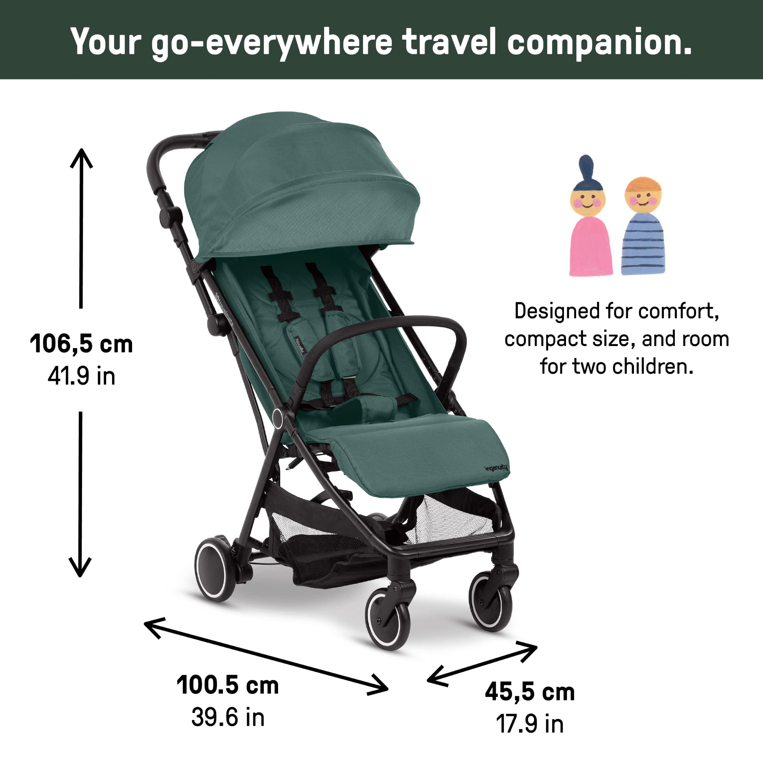 Ingenuity Travelmate Pro - Passeggino da viaggio leggero 3D con bordo pieghevole Buddy Board, compatibile con pattumiera, pronto per il seggiolino auto, pieghevole con una sola mano, protettivo