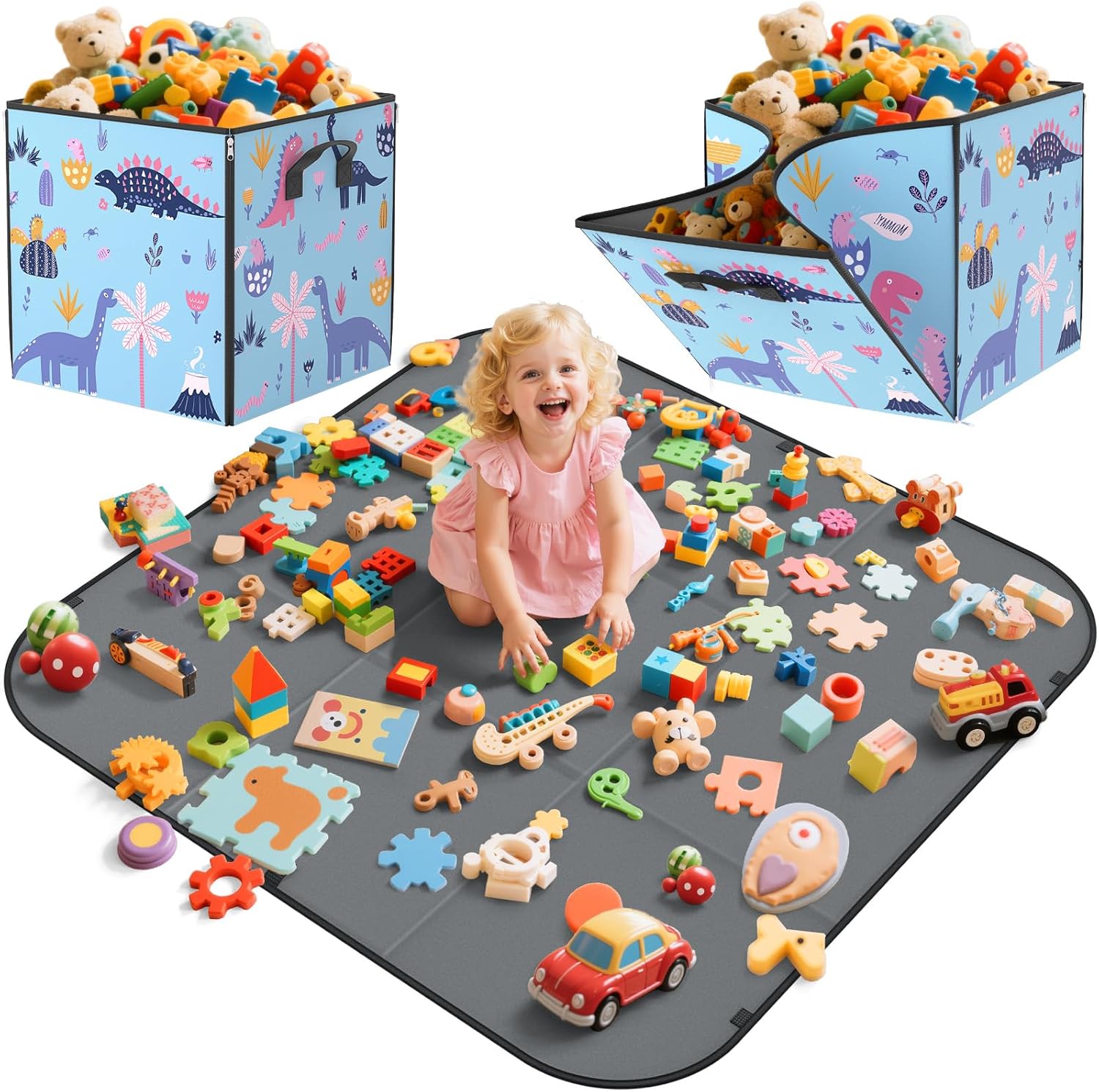 YOHOOLYO 2 In 1 Toy Storage Play Mat, Storage Box for Kids Children Space Adventures Design,Nursery, Playroom, Basket for Building Bricks Blocks Collapsible Cube Bin, 16.9"x16.9"x16.9" 79L- Dinosaur