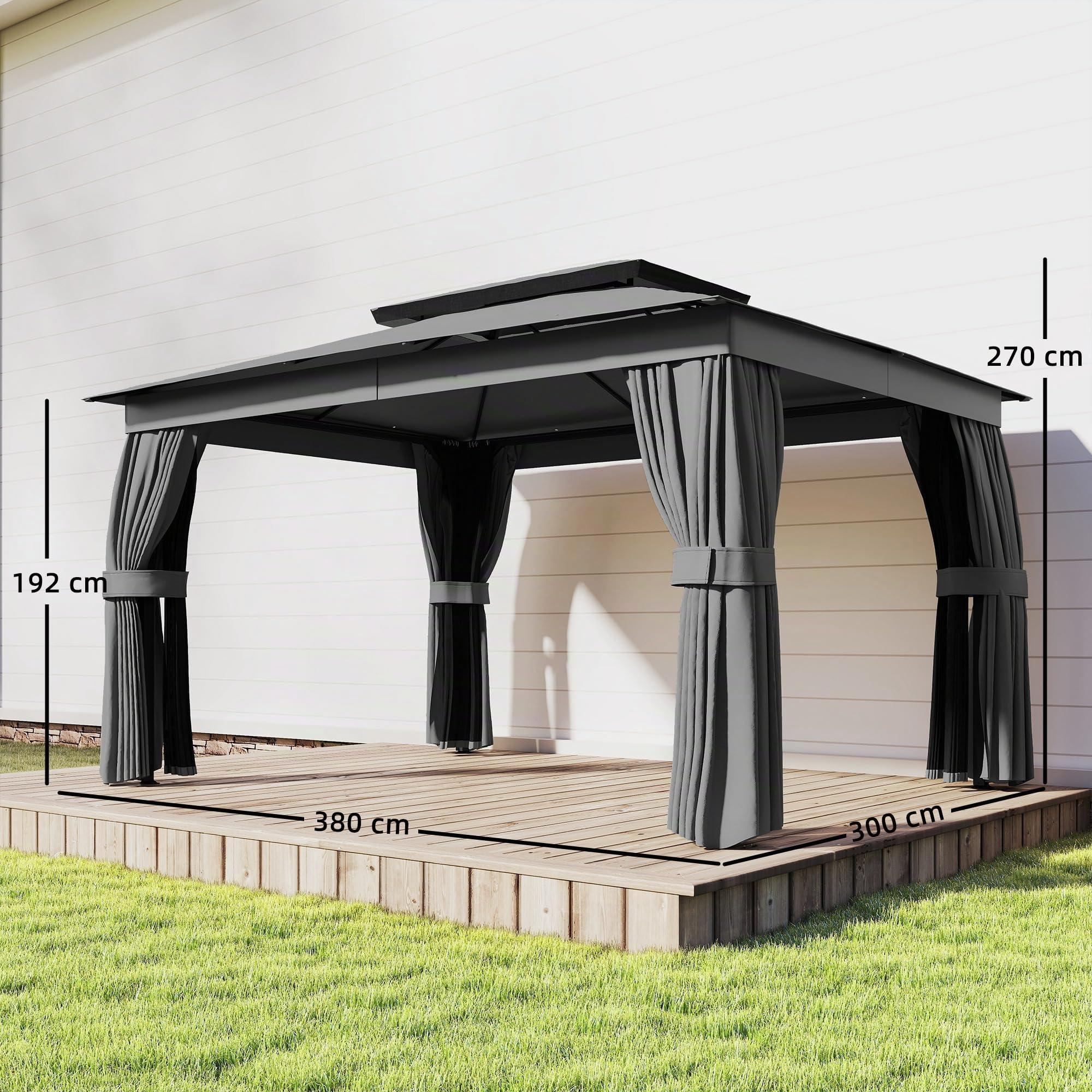 Outsunny Gazebo da Giardino 3.8x3 m con Tende e Zanzariera Grigio Scuro | Ganci, Doppio Tetto con Fori di Drenaggio, Struttura Metallica, per Feste Terrazzo Patio Giardino, UV30+
