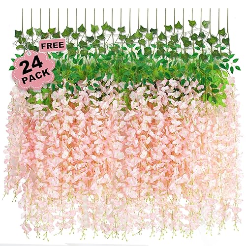 LELEE 25 Pack Pink Wisteria Hanging Flowers, Pink Fake Hanging Flowers, Pink Artificial Wisteria Garland, Pink Wisteria Flower Vines, Wisteria Flowers for Decor, Wisteria Garland for Backdrop