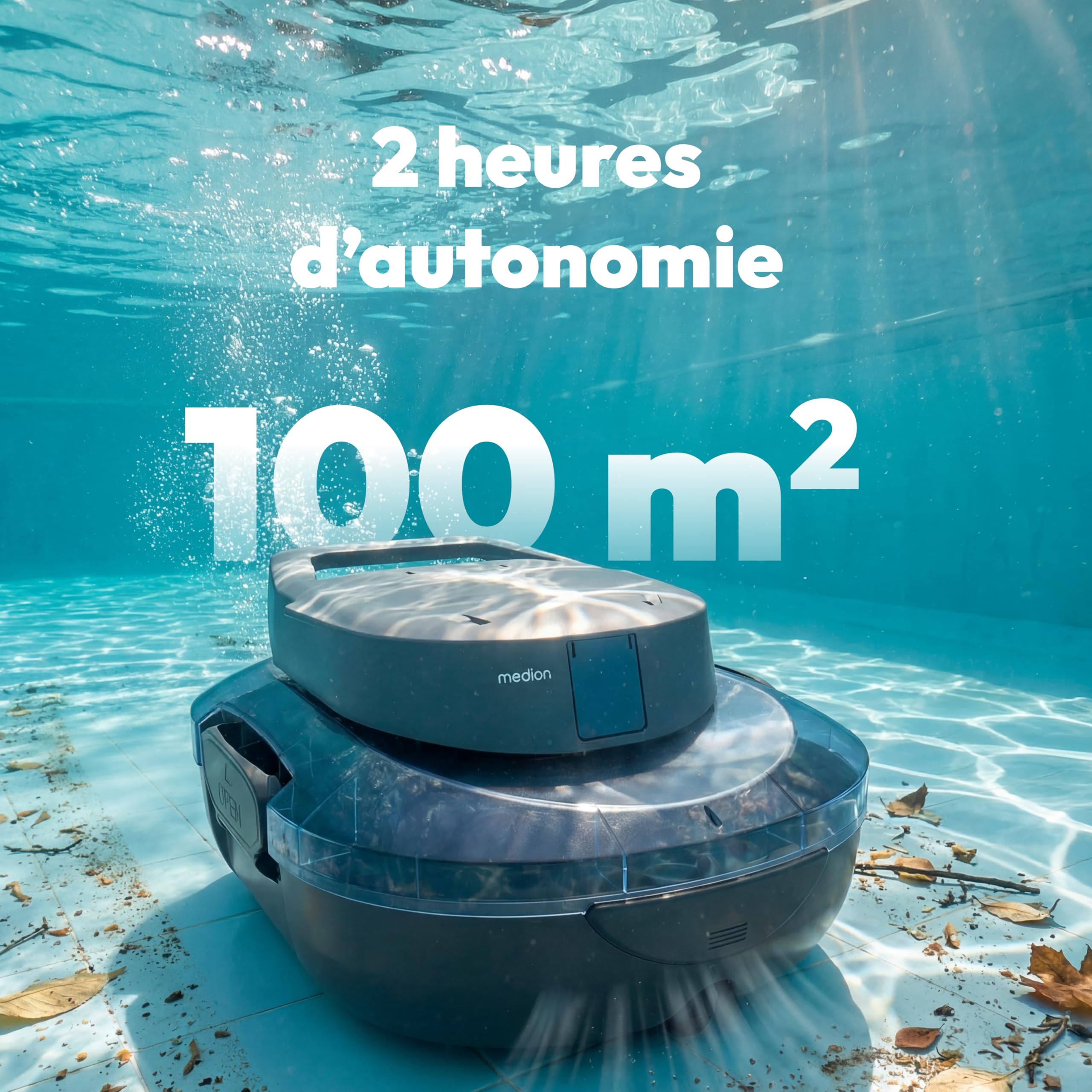 MEDION PR1 Robot de Piscine sans Fil, pour Piscine Hors-Sol, Nettoyage du Fond, Commande One-Click, Fonction autonettoyante, 120 Min autonomie, Filtre 2,2 L, pour 80–100 m², INCL. Chargeur et Crochet