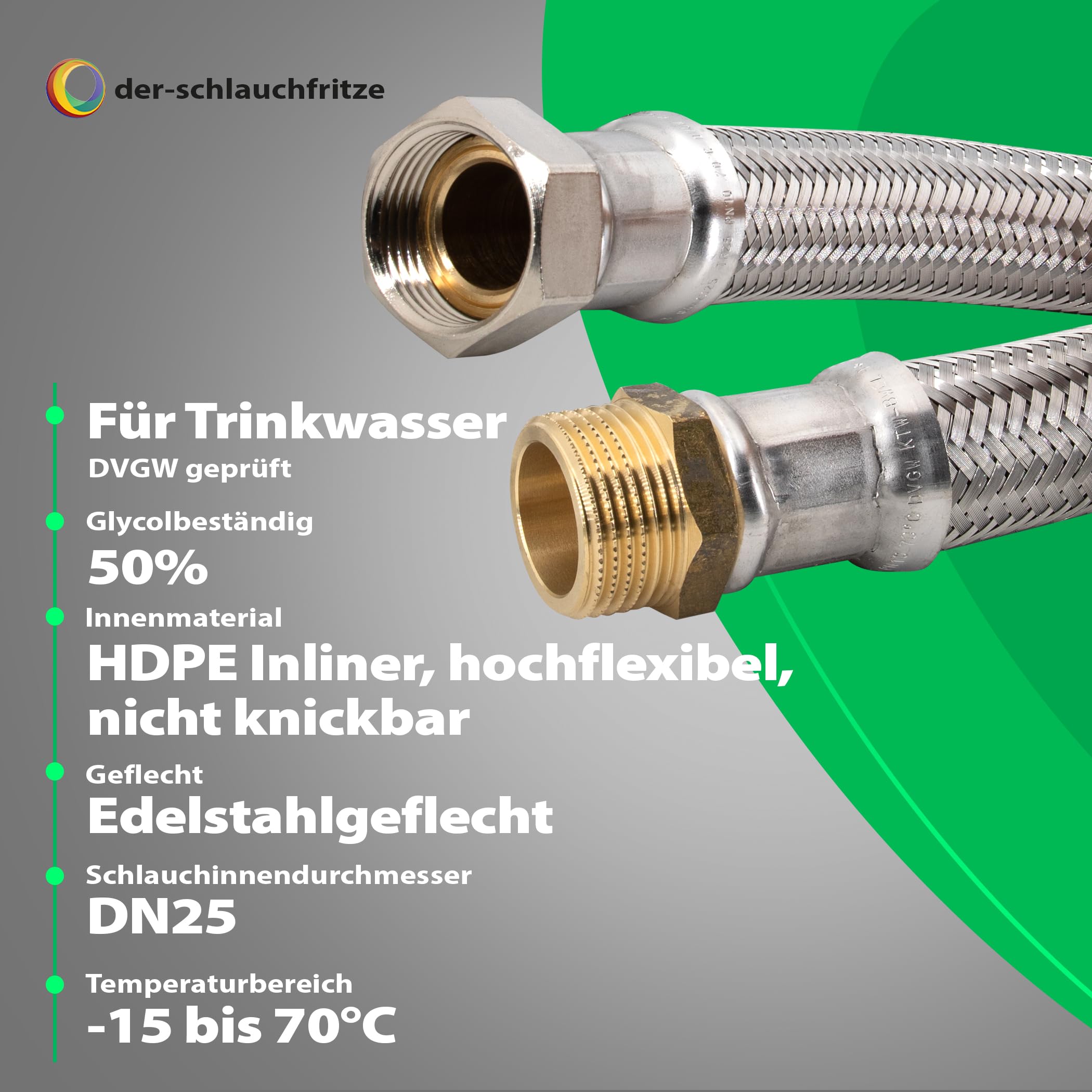 Flexschlauch 1 Zoll ÜM x 1 Zoll AG, hoch flexibler Panzerschlauch DN25 mit Trinkwasserzulassung