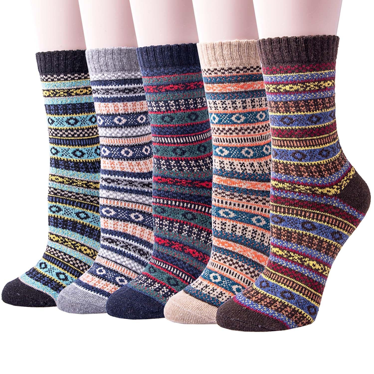 5 Pairs Wool Socks for Women - Winter Thick Boot Cozy Crew Vintage Soft Calf Knit Warm Socks Gifts