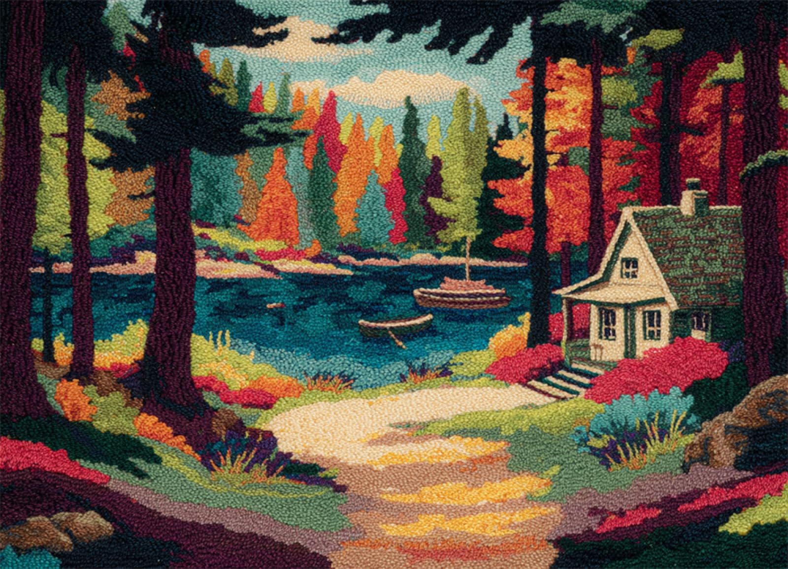 WallustrioaW Knüpfkissen Set,Kleines Boot auf dem See im Wald,Knüpfkissen Set für Anfänger Erwachsene oder Kinder zum Selber Knüpfen,DIY Knüpfteppich Knüpfpackung,90x120cm