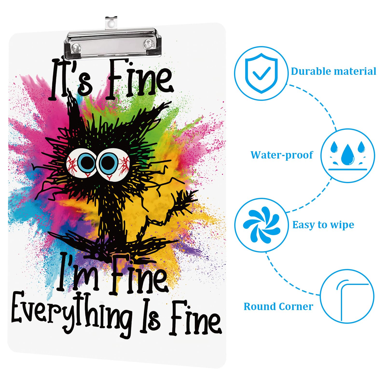 Everything is Fine l'm Fine Cat, portablocco standard A4, formato lettera, 12,5 x 8,7 cm, in plastica, con clip a basso profilo, retrattile, per appendere appunti decorativi