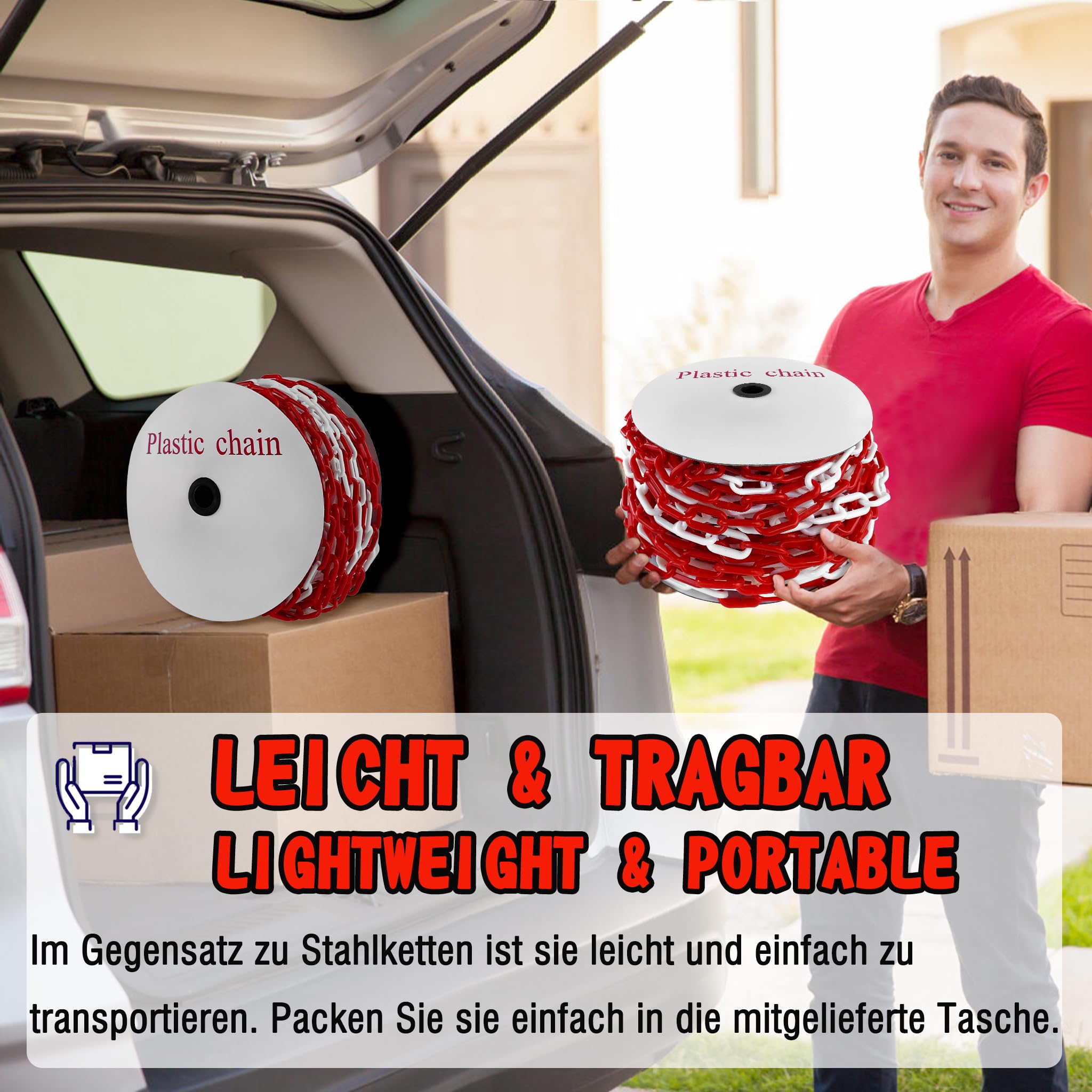 Produktbild von ACXIN Absperrkette 50m Rot-Weiß – 6 Mm Kunststoff-Warnkette Für Parkplätze, Baustellen, Garagen & Events