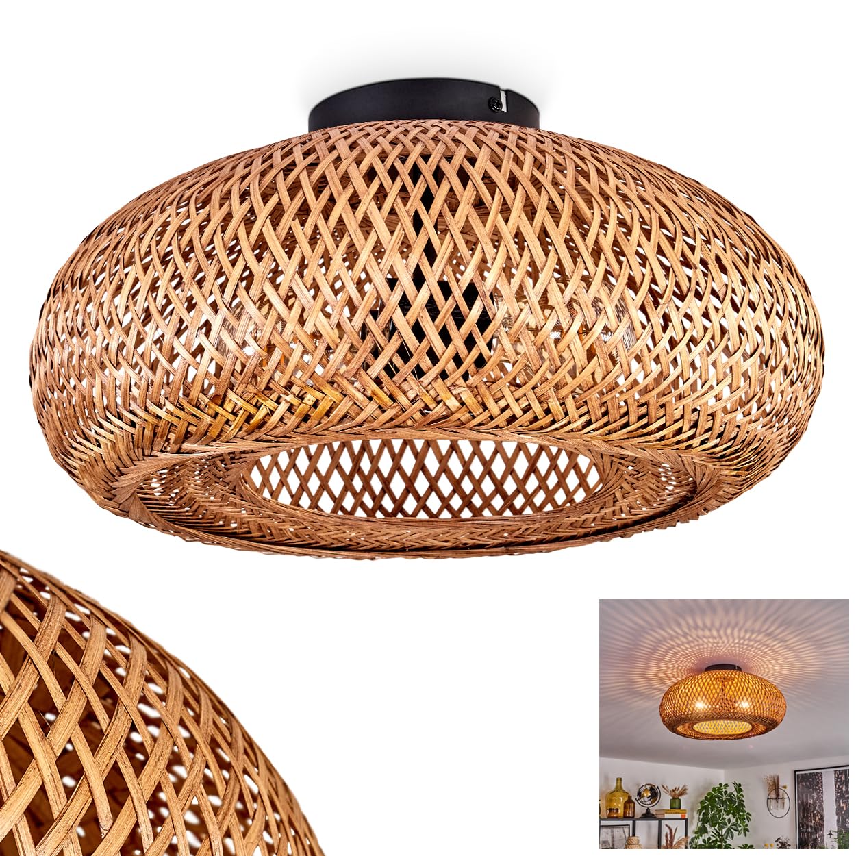 HOFSTEIN Deckenleuchte Bauro, Deckenlampe aus Metall/Bambus/Holz in Schwarz/Natur,  moderne Leuchte im Boho-Design ( 40cm), Lichteffekt durch Gitter-Optik, 2  x E27, Wohnzimmer, Esszimmer, Schlafzimmer : Amazon.de: Beleuchtung