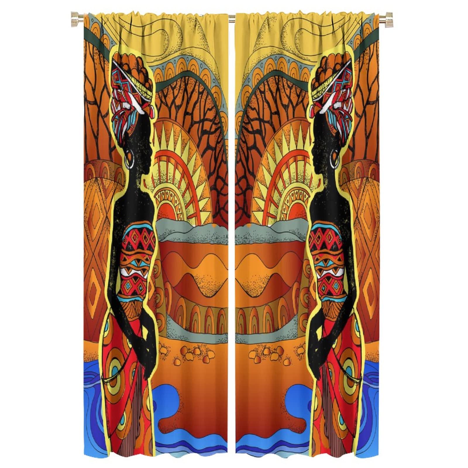 JESTRONRY African Women Bedroom Curtains,Southern Landscape Hand Drawn Black Woman Tribal Ethnic Print Pattern Rod Pocket Window Drapes for Living Room Kitchen Bathroom Decor W42xL63in