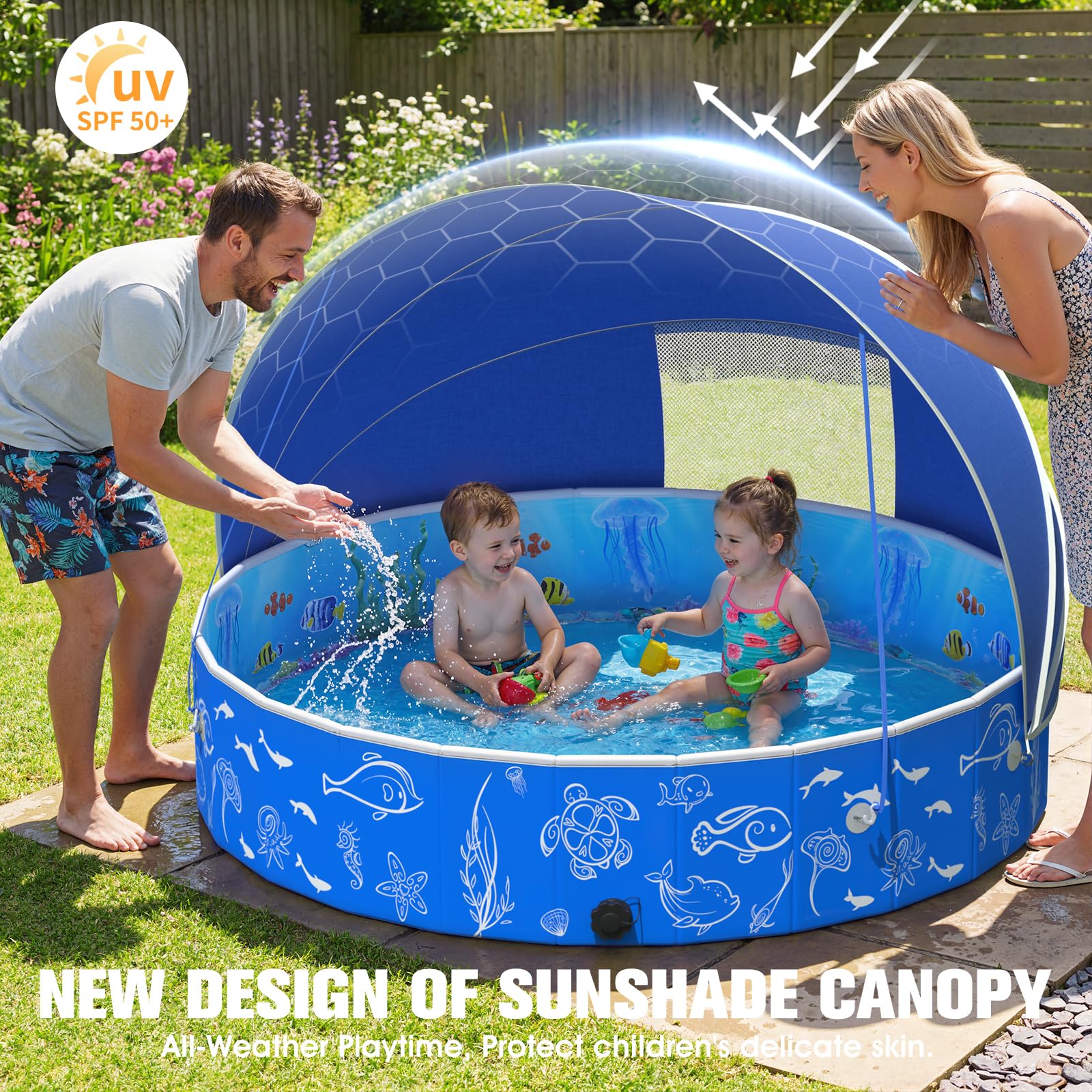 Luxfero Piscina para Niños con Toldo Solar 130 x 130 x 30 cm Desmontable Plegable