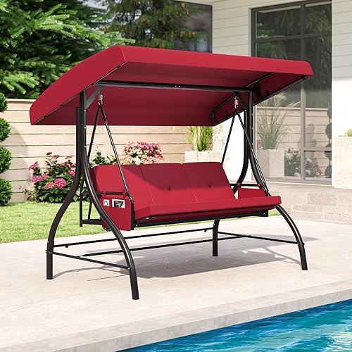 Miniatura 2 de Tangkula Columpio para porche para 3 personas, columpio convertible 2 en 1 para exteriores con toldo ajustable, cojines extraíbles, marco de metal,