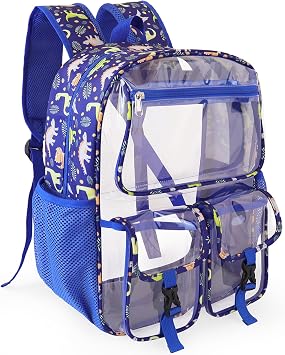 Clear Backpack for Boys, School Kids Heavy Duty See Through Bookbag Dinosaur Transparent Backpacks with Thicker Straps, Blue