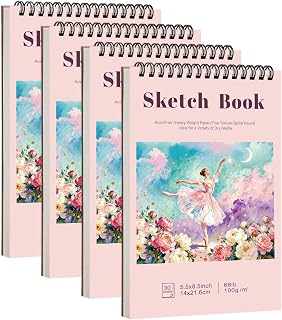 4 Pack Small Sketch Books, 5.5 × 8.5 in, Spiral Bound, Pink | 100gsm Acid-Free Paper, 30 Sheets Each, Dry Media Use, Flat-Lay Top Spiral, Portable for Travel And Class
