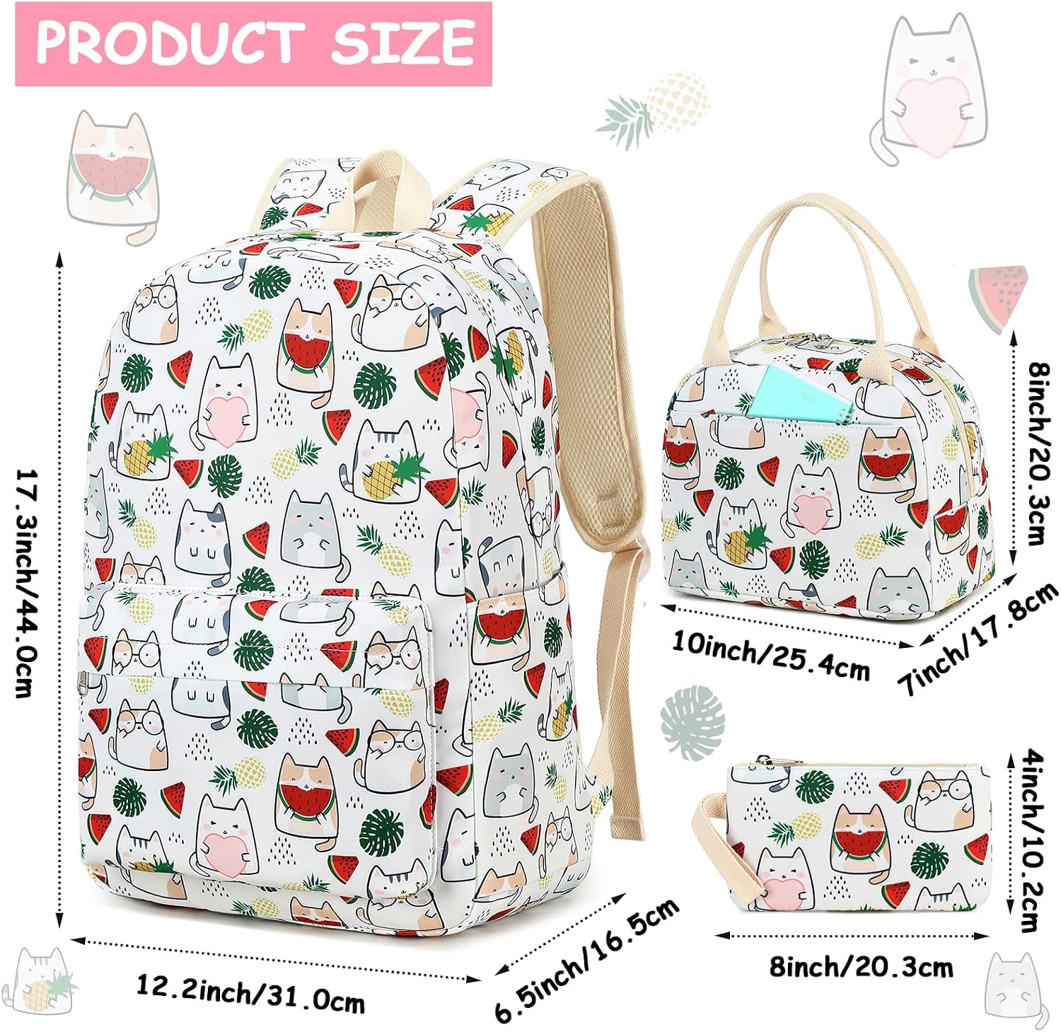 Bluboon School Backpack for Girls Teens Bookbag Set Laptop Backpack Lunch Box with Pencil Bag (Cartoon Cat)