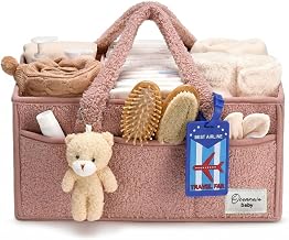 OCEANEVO Cute Fur Diaper Caddy Organizer Bag WITH Luggage Tag AND Bear Charm, Baby Basket Essentials for Newborn Baby Products Storage with Compartments and Handle - 38 x 25 x 18 cm - Model 3 – Pink