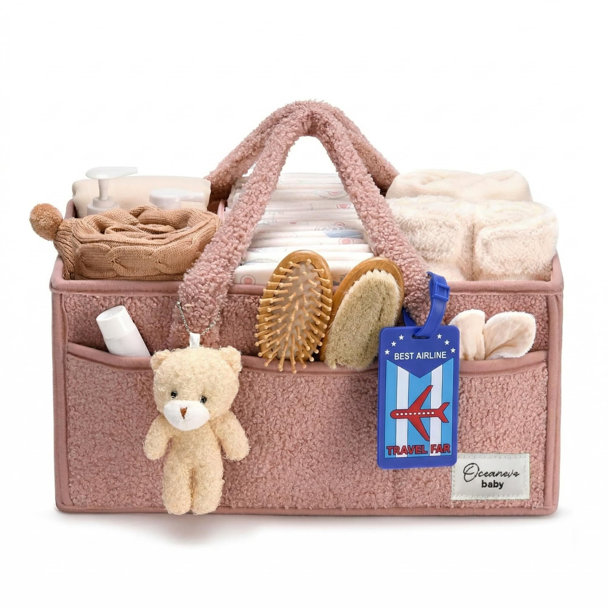 Cute Fur Diaper Caddy Organizer Bag WITH Luggage Tag AND Bear Charm, Baby Basket Essentials for Newborn Baby Products Storage with Compartments and Handle - 38 x 25 x 18 cm - Model 3 – Pink-image-3