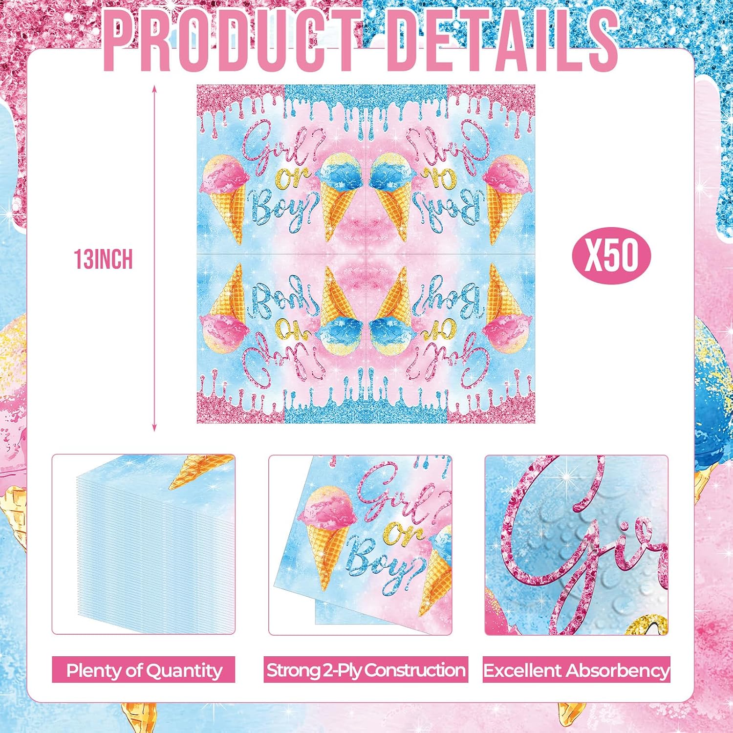 50 Count Girl or Boy Gender Reveal Ice Cream Paper Napkins, Disposable Party Cocktail Napkins for Baby Shower Gender Reveal Theme Birthday Table Decorations