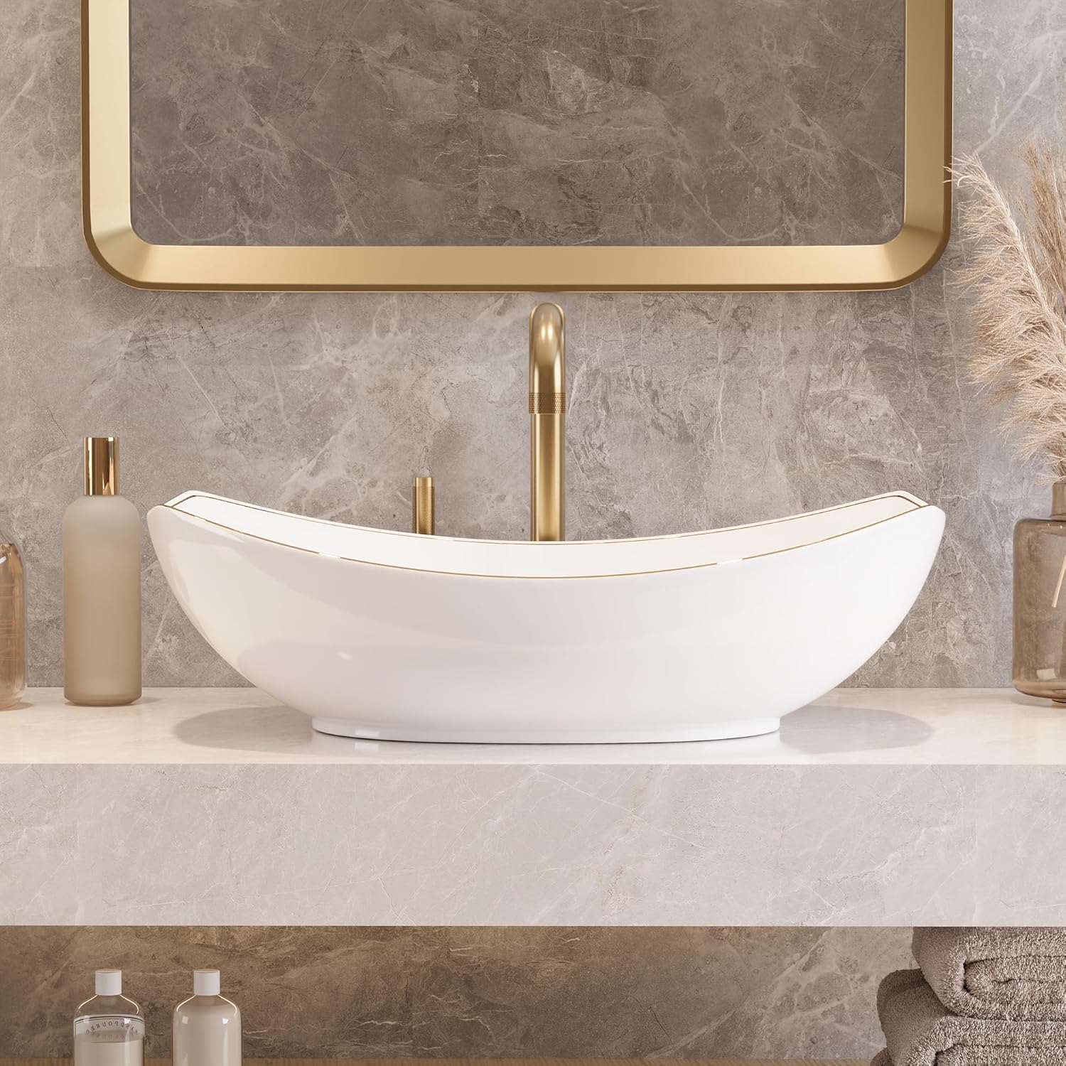 DeerValley 22x16 Inch Boat-Shaped Bathroom Vessel Sink, White Ceramic Vanity Sink with Gold Striped Edge, Above Counter Modern Basin, DV-1V0319