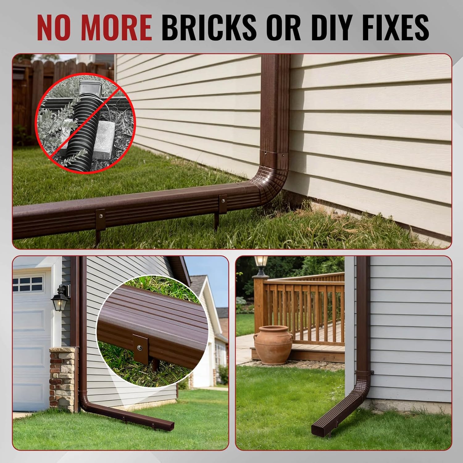 3x4 Downspout Extension Stake, Gutter Downspout Holder 3x4 Horizontal - Brown, Longer Downspout Anchor, Durable Outdoor Coating Gutter Downspout Bracket (Brown - 4 Pack)