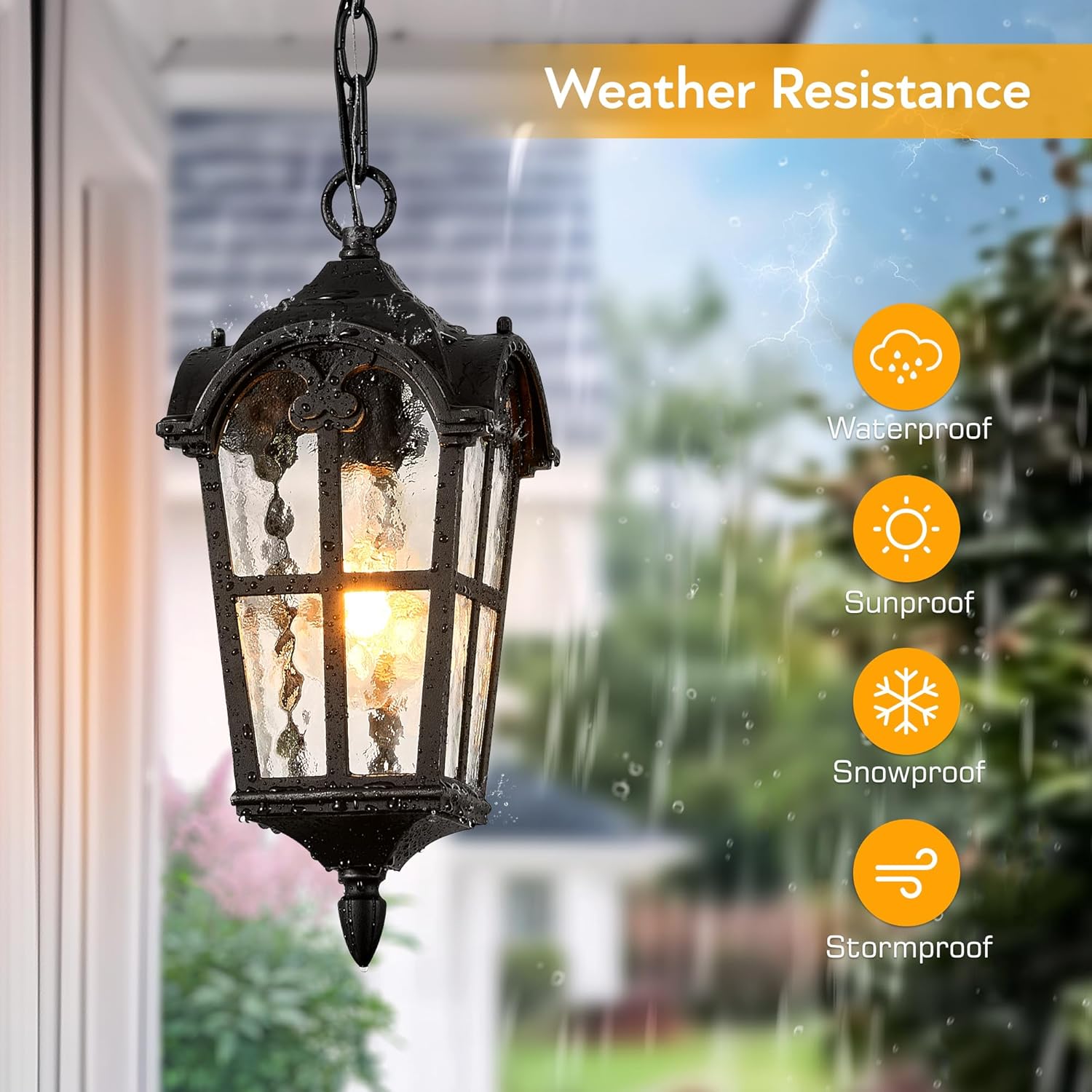 VIANIS Outdoor Matte Black Vintage Pendant Light Fixture with Adjustable Chain & Dusk to Dawn Outdoor Lighting, Vintage Outdoor Sconce Lights with Water Ripple Glass