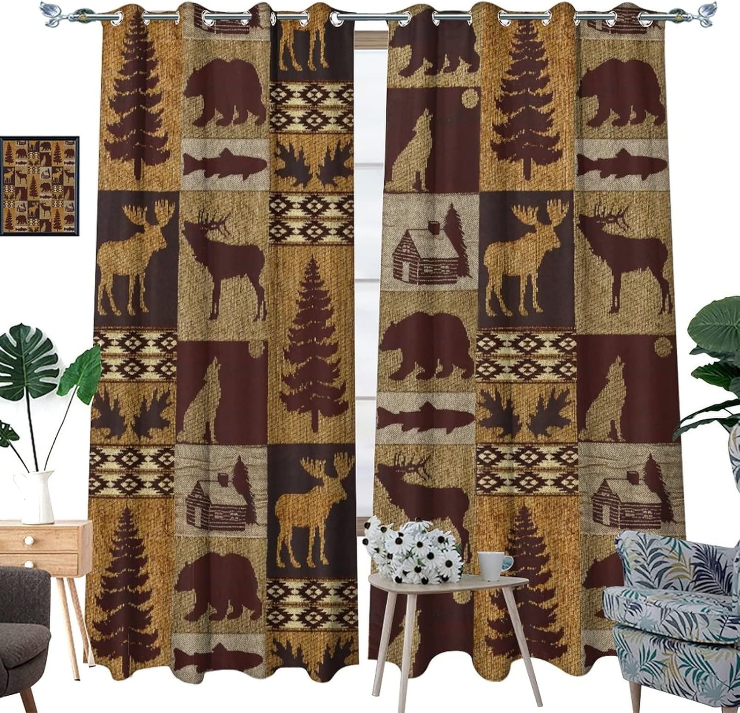 Retro Rustic Bear Blackout Curtains for Bedroom,Country Style Farmhouse Cabin Wildlife Elk Deer Hunting Theme Grommet Thermal Insulated Room Darkening Window Treatments 2 Panels 45L x 21W