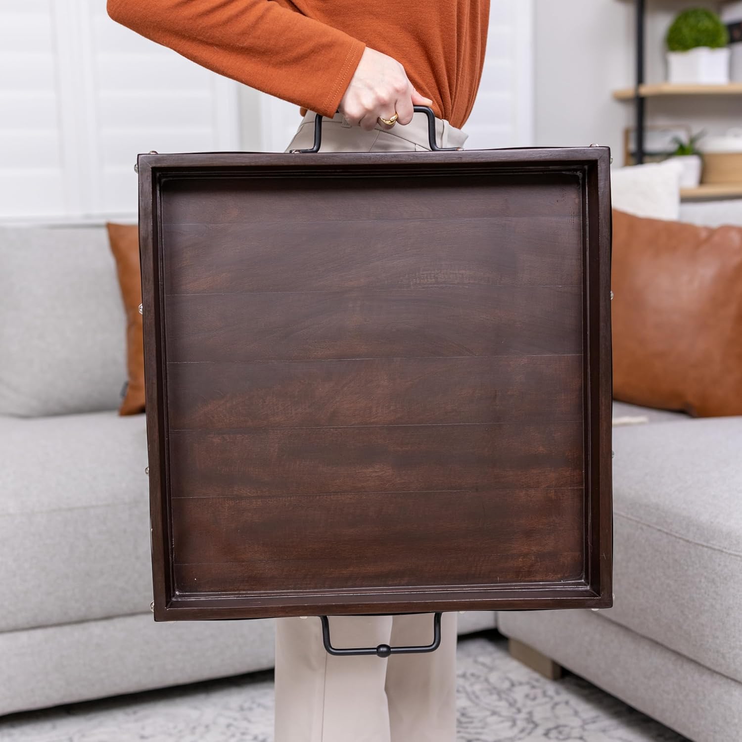 20"x20" Extra Large Square Ottoman Tray, Heavy Duty Mango Wood, for Serving Tea, Breakfast in Bed, Living Room Large Coffee Table Tray Rustic with Farmhouse Style, Decorative Handles and Accent Strap - Image 4