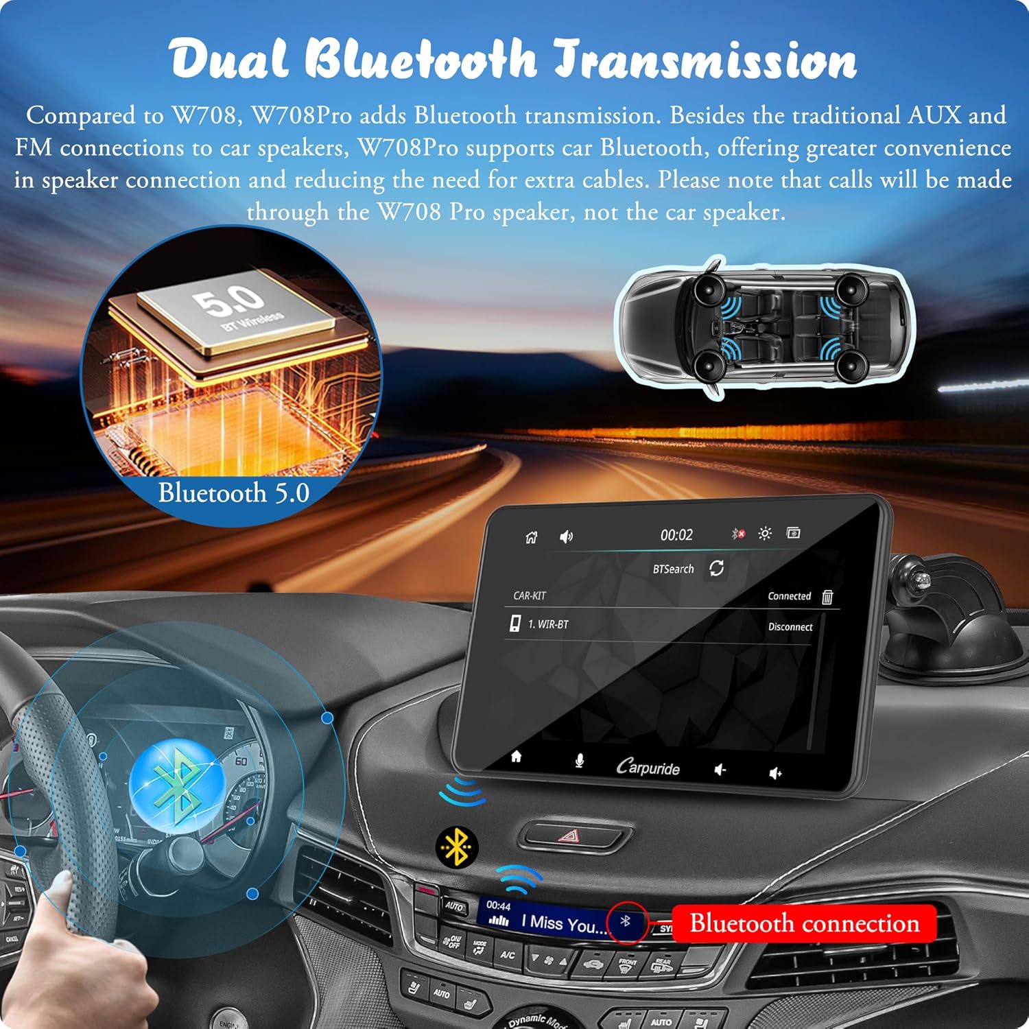 Image showing Bluetooth 5.0 chip and a car interior with the Carpuride unit, highlighting dual Bluetooth transmission to car speakers.