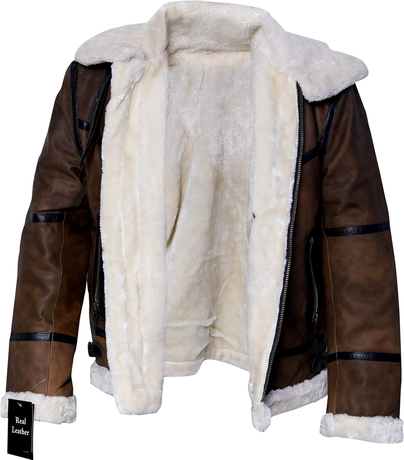 B3 Brown Bomber WWII Real Cowhide Leather Flight Aviator Jacket with Faux Shearling