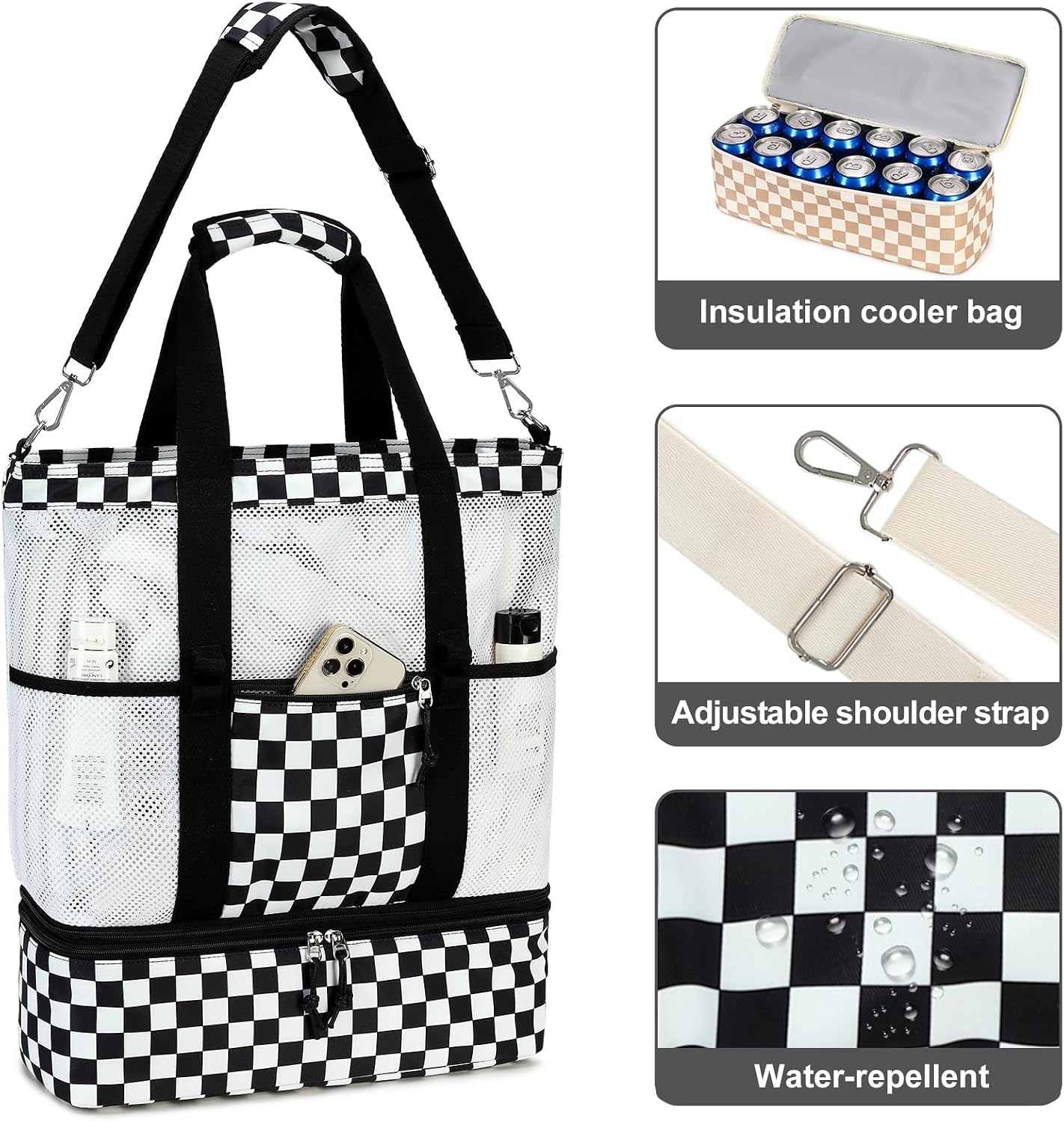 Bluboon Mesh Beach Tote Bag with Cooler Compartment Insulated Detachable Picnic Bag with Zipper and Pocket Pool Bag for Women