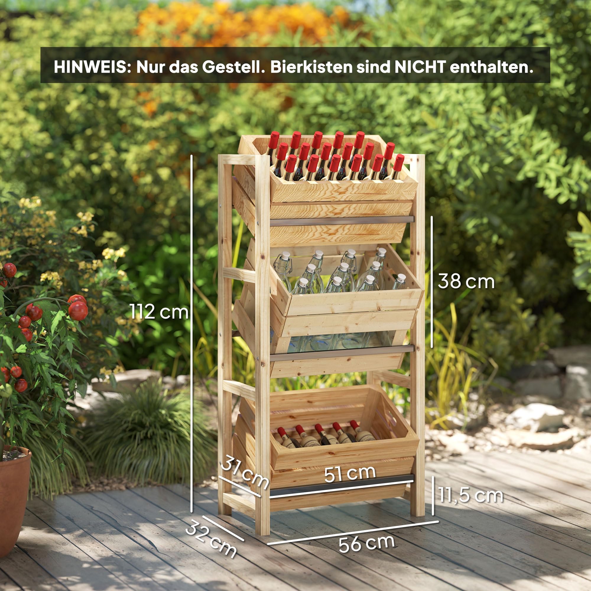 Outsunny Getränkekistenregal für 3 Getränkekisten Getränkeregal Holz Kistenregal mit 3 Ebenen freistehend Getränkekistenhalter belast 150kg Kistenständer für Bier, Wasser 56 x 32 x 112 cm Naturholz