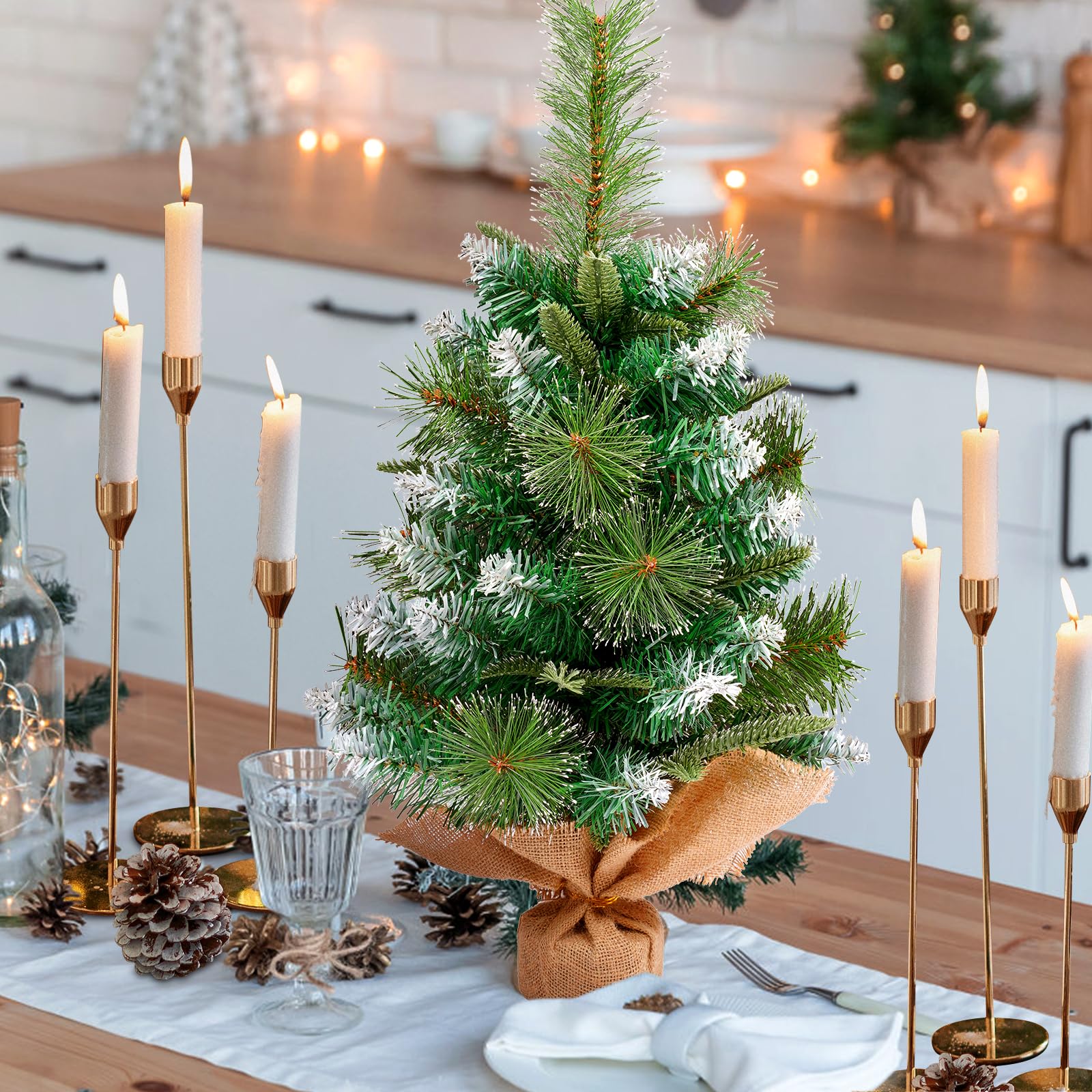 Árbol de Navidad Artificial pequeño de 60 cm con Base de Lino, para decoración de Mesa, hogar, Oficina, Cocina, Comedor, Escritorio
