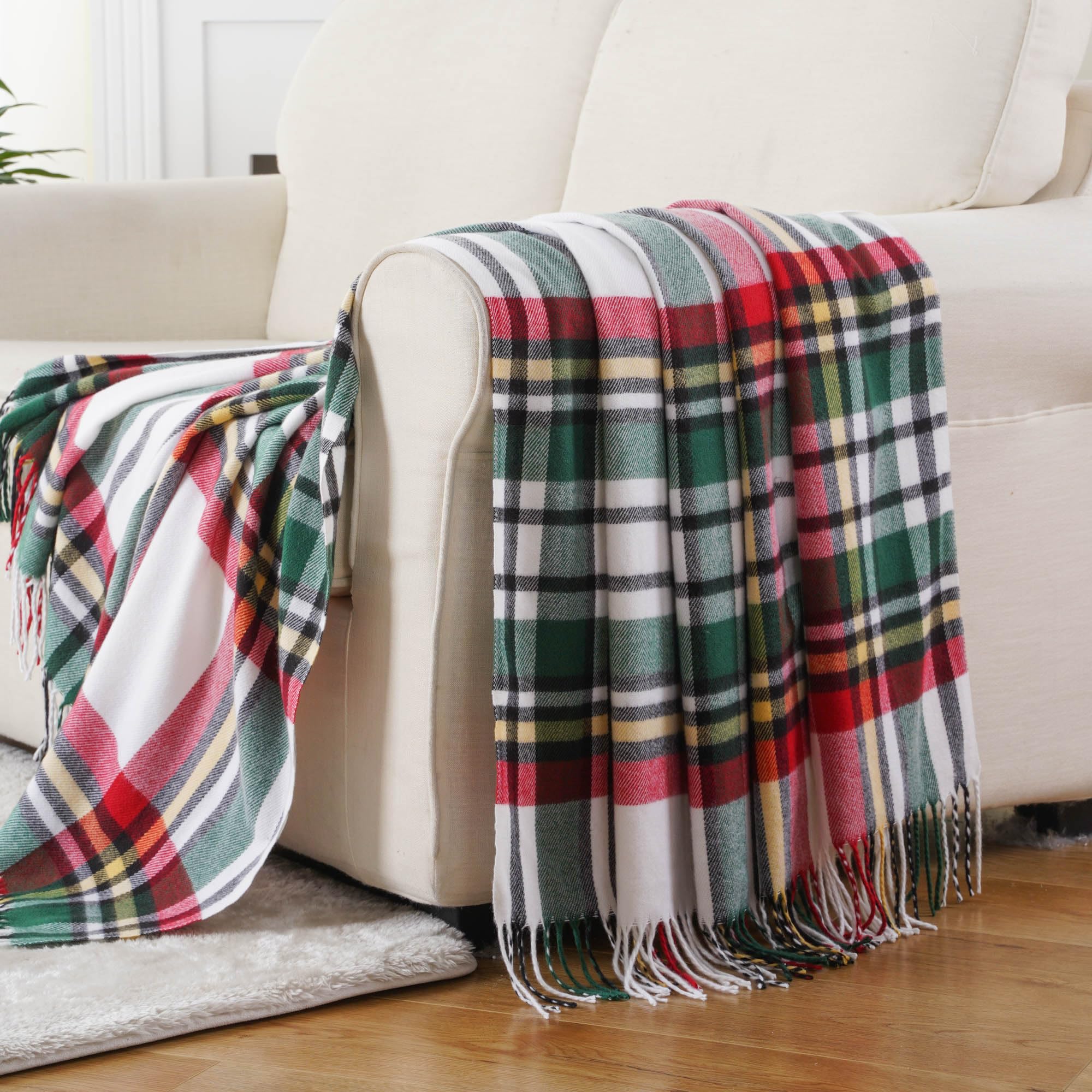 BATTILO HOME White Green Plaid Throw Blanket for Couch Bed Decorative Red Green Sofa Throws - Image 3