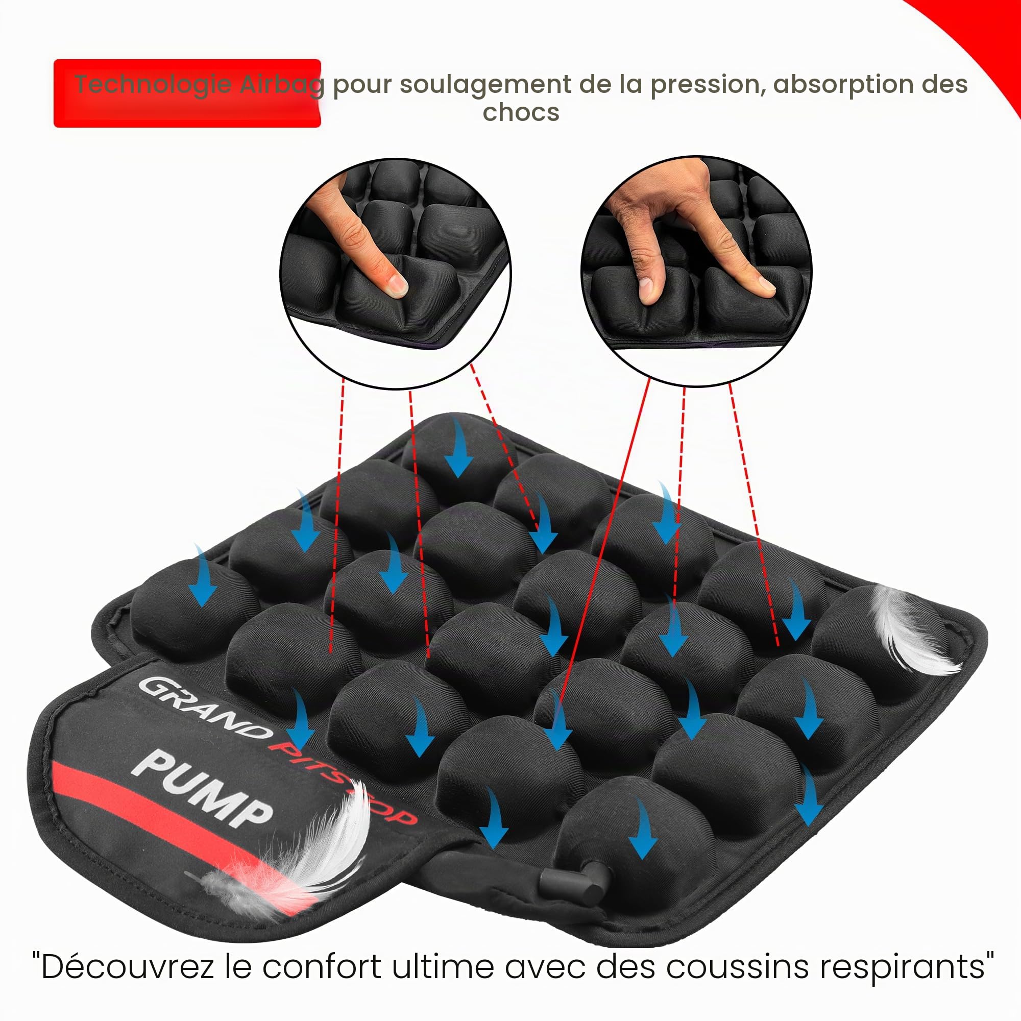 GRAND PITSTOP Coussin de siège gonflable de moto avec pompe de remplissage d'air, coussins d'air gonflables à bulles avec housse en maille respirante et fond antidérapant, compatible avec siège