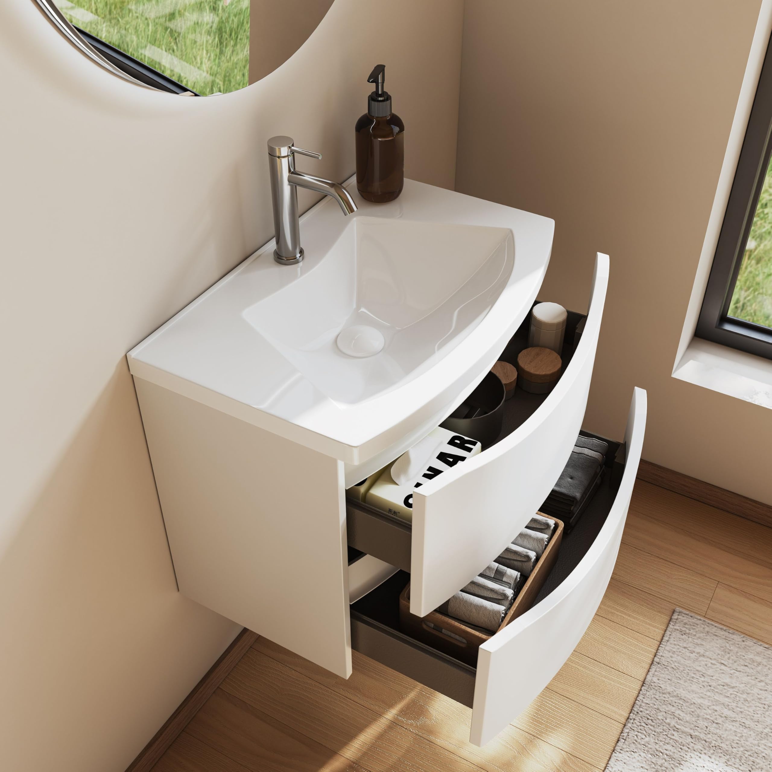 Mueble de Baño 60 cm con Lavabo de Fundición Mineral, 2 Cajones Soft-Close, Compacto, Blanco Mate