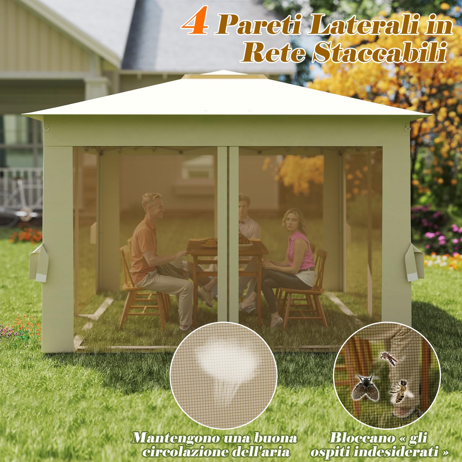 COSTWAY Gazebo Pieghevole 3,4 x 3,4 m con Zanzariera e Tende Laterali Tenda da Giardino Antivento 210D Beige