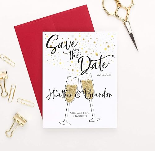 Miniatura 3 de Modern Save the Dates with Envelopes, Champagne Toast, Gold and Black, Your choice of Quantity and Envelope Color