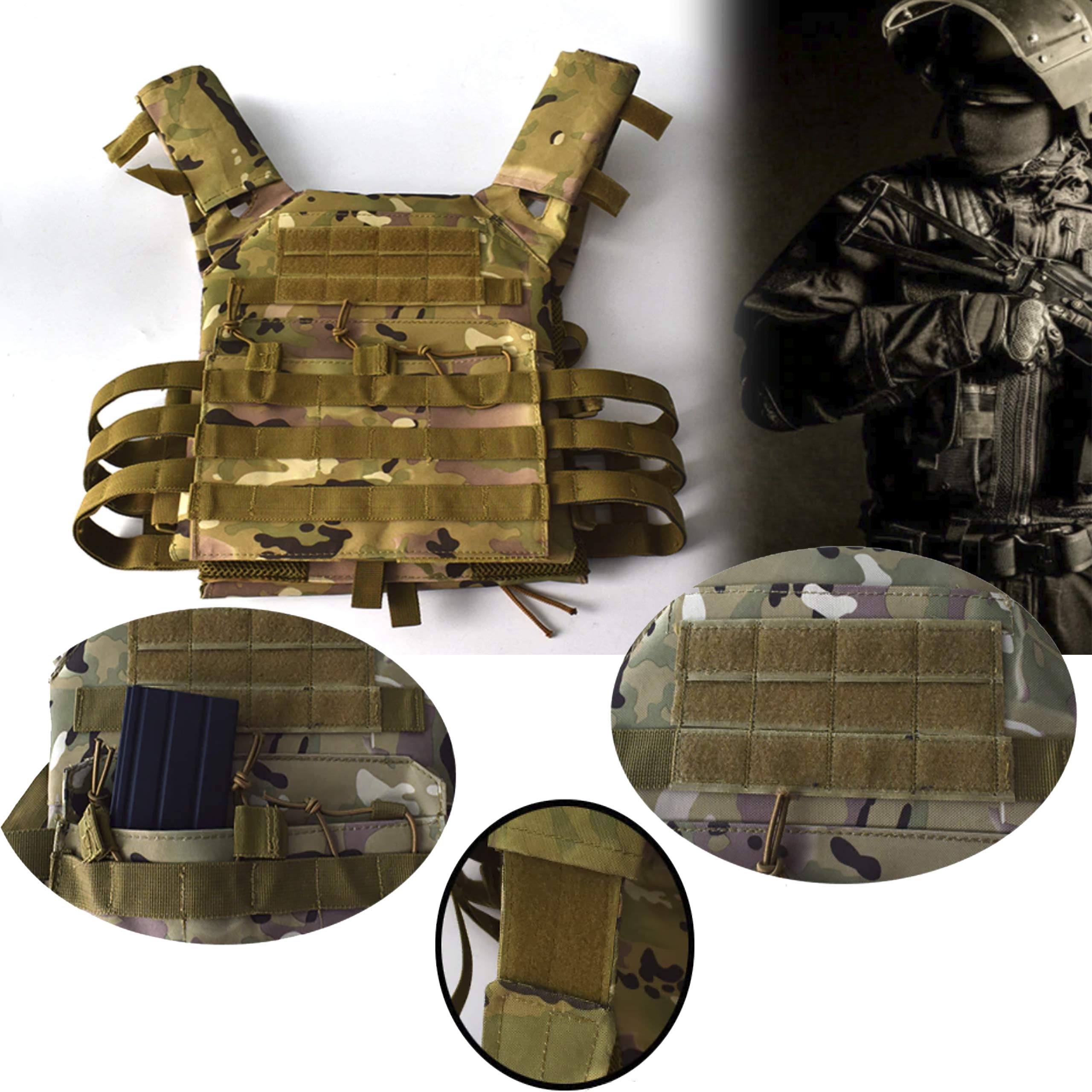 Chaleco Táctico Militar para Airsoft Entrenamiento Caza Ejercito de Combate Camuflaje con 3 Portacargadores y Ajustable Paintball Multicam Juego en Equipo de Protección Profesional
