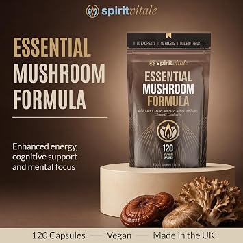 Essential Mushroom Formula 120 | Anxiety, Heart Heath, Wellbeing | Lion's Mane, Maitake, Reishi, Shiitake, Chaga & Cordyceps | UK Certified Capsules | Readily Swallowed | Not Tablets