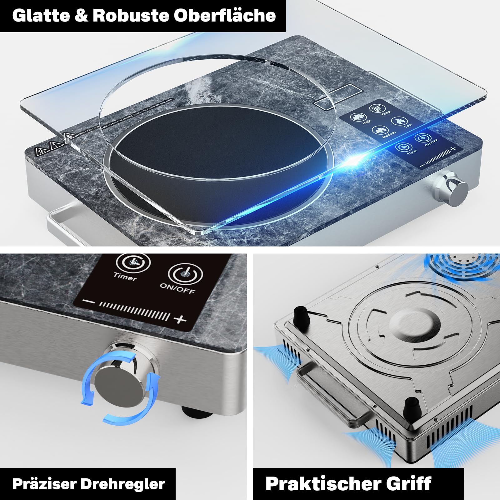 Elektrische Kochplatte, Tragbare Infrarot Glaskeramik Kochplatte, Temperatur Einstellbares Kompaktes Kochfeld, Tragbare Elektrokochplatte für Küche & Camping, Single-Marble