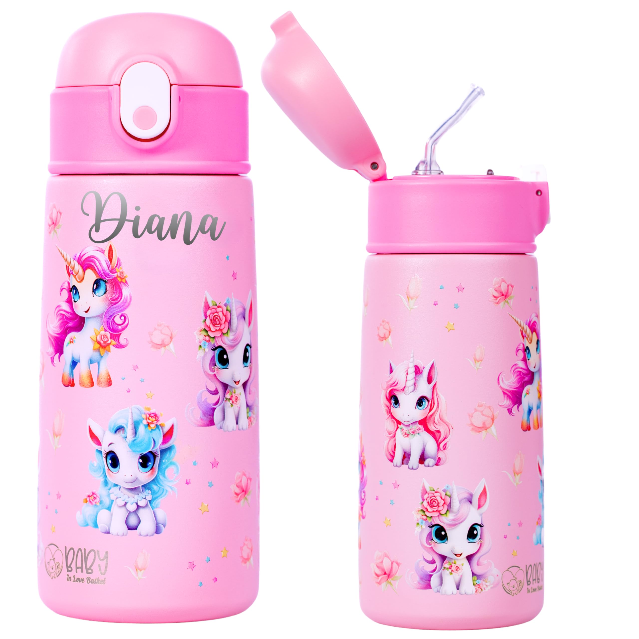 Personalized Unicorn Insulated Water Bottle for Kids - 16 oz Stainless Steel, BPA Free, Dishwasher Safe, with Silicone Straw - Keeps Cold 24 Hrs, Hot