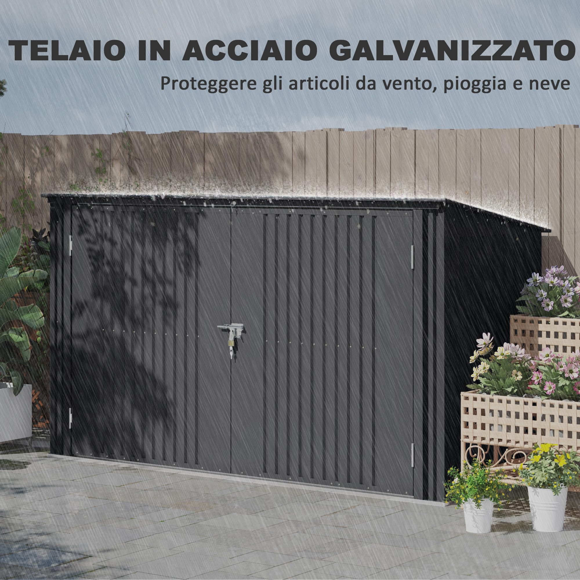 Outsunny Copribidone Spazzatura da Esterno per 3 Cassonetti da 240L, 233x105 cm Contenitore per Bidoni Rifiuti con 2 Porte e Serrature, 2.3m² Capanno da Esterno, Casetta per Bidoni in Acciaio, Grigio