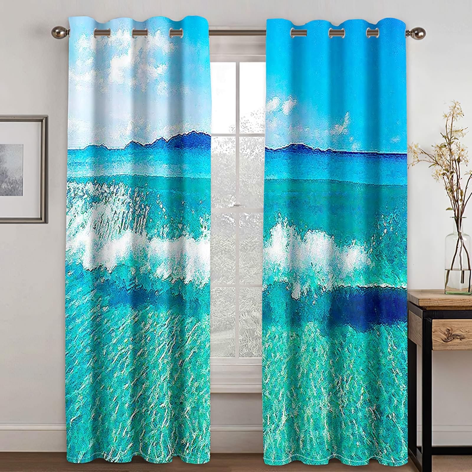 Cortinas opacas para dormitorio, juego de 2 piezas, cortina de ventana con ollaos, paisaje abstracto con olas del mar, cortinas elegantes para salón, 234 x 274 cm (ancho x alto), azul verde