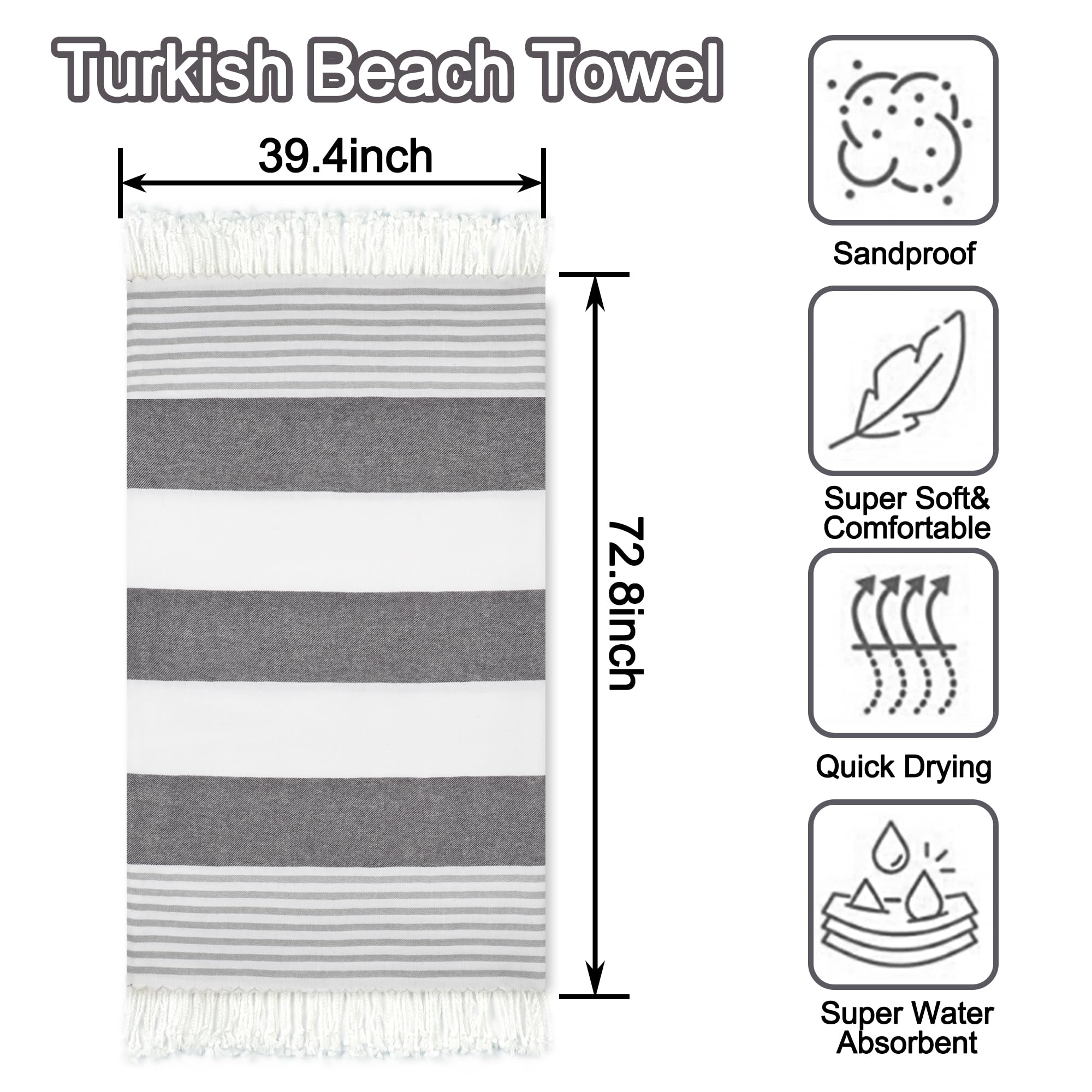 Toalla de playa turca de gran tamaño, 39 x 72 pulgadas, color gris y blanco, paquete de 2