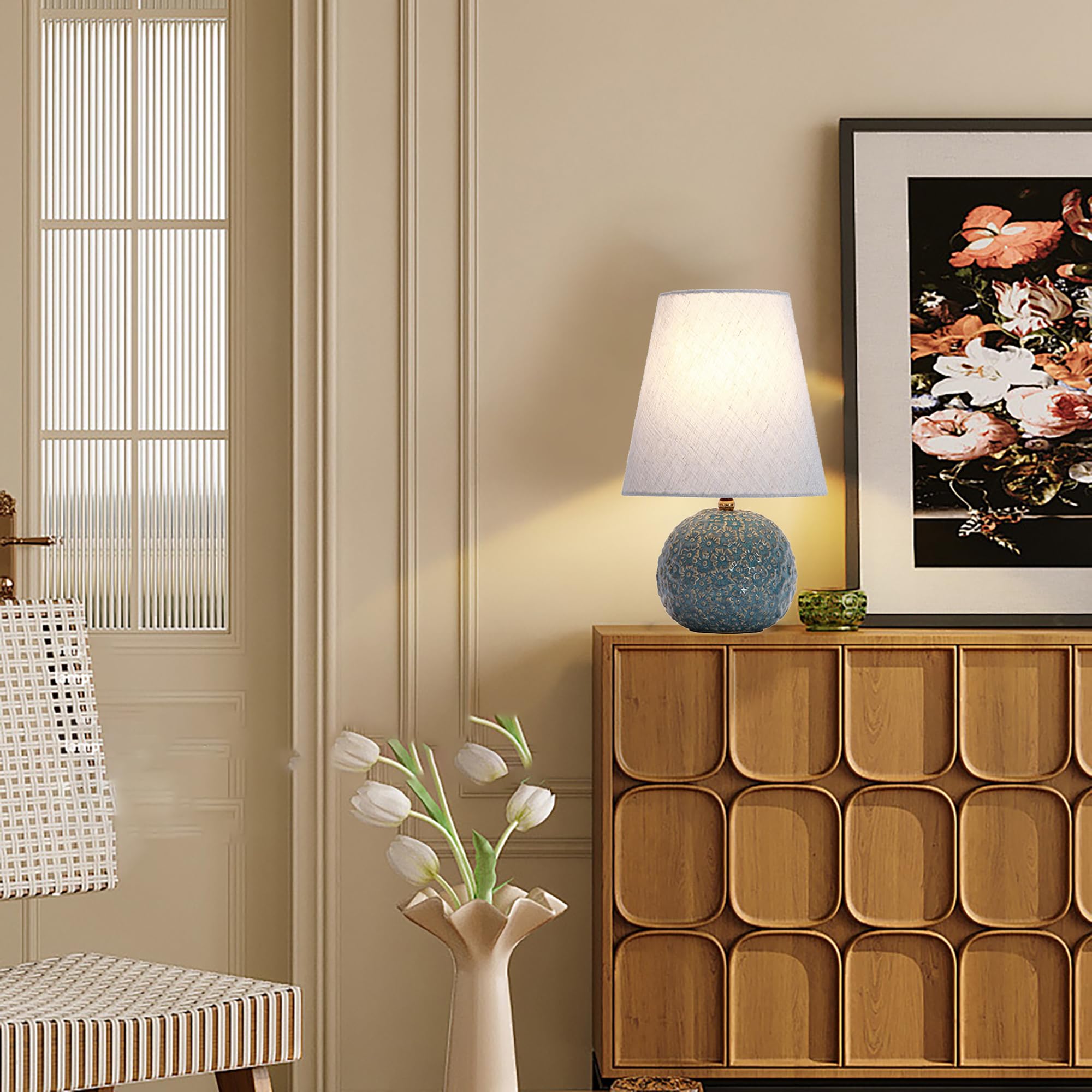 XINYASEE Lampada da tavolo in ceramica semplicità,Lampada da comodino vintage con paralume in tessuto,Lampada Da Scrivania Per la Casa Per Camera Da Letto,Soggiorno，E27 (blu)