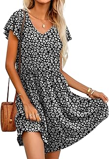 Hotouch Summer Dress Women's Casual Dresses Knee-Length Short Sleeve Dress V-Neck Ruffle Beach Dress Plain A-line Tiered Dresses with Pocket